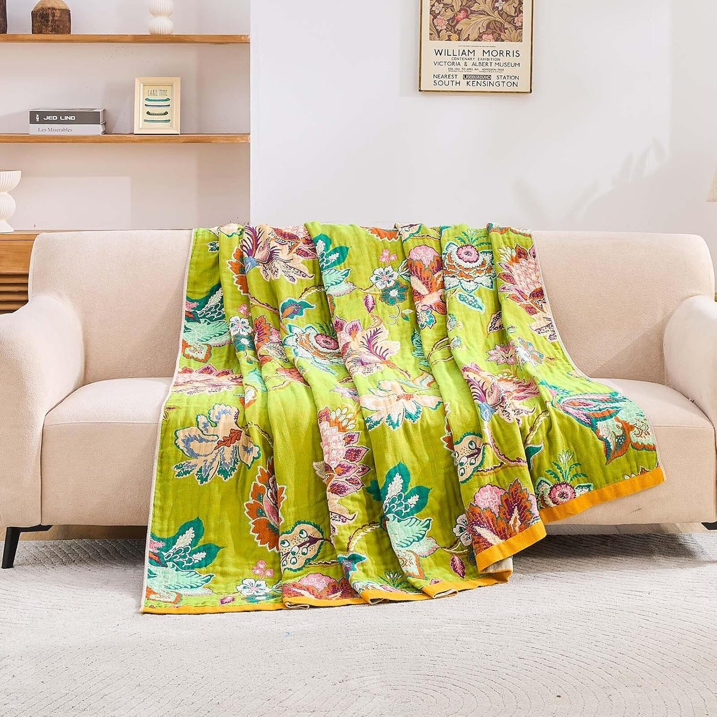 Fall Throw Blanket, 100% Cotton Soft Rustic Boho Throw Blanket for Bed, 60"x80" Farmhouse Decor Bed Flower Blankets, Light Weight Reversible Bohemian Throw Quilt