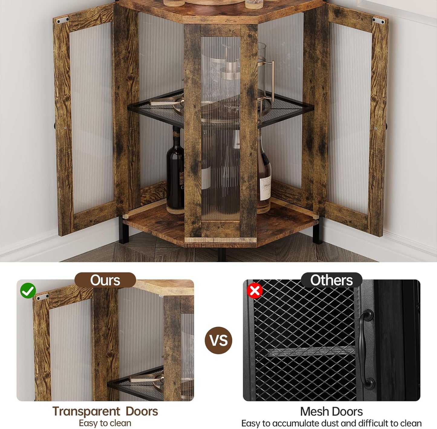 Corner Bar Cabinet with Power Outlet, 5-Tier Corner Wine Cabinet with Led Strip and Glass Holder, Industrial Tall Liquor Cabinet Bar Wine Rack for Home, Rustic Brown