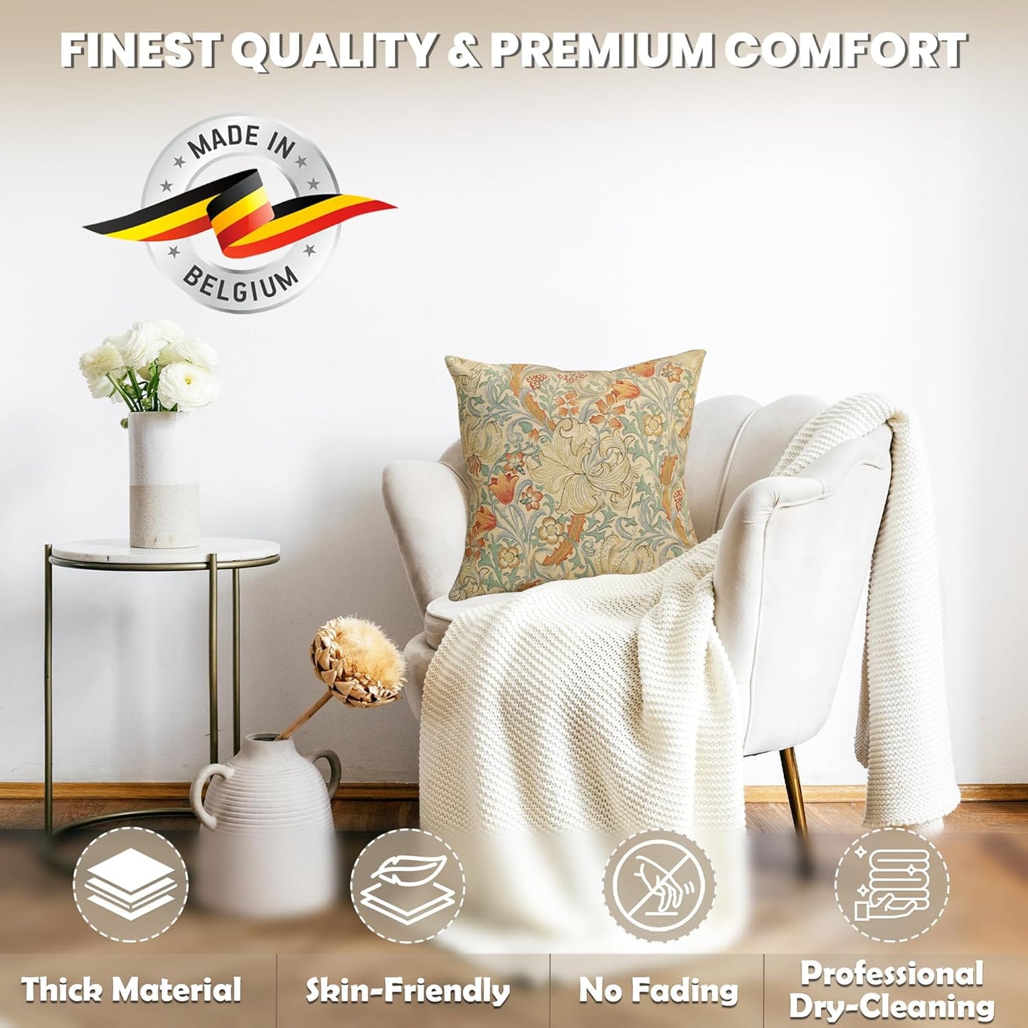 Charlotte Home Furnishings Throw Pillow Covers, Decorative Boho Pillow Cover for Couch, Living Room, Golden Lily Light Square Cushion Cases 18x18 in, European Cotton Jacquard Woven, Cozy Bedroom Decor