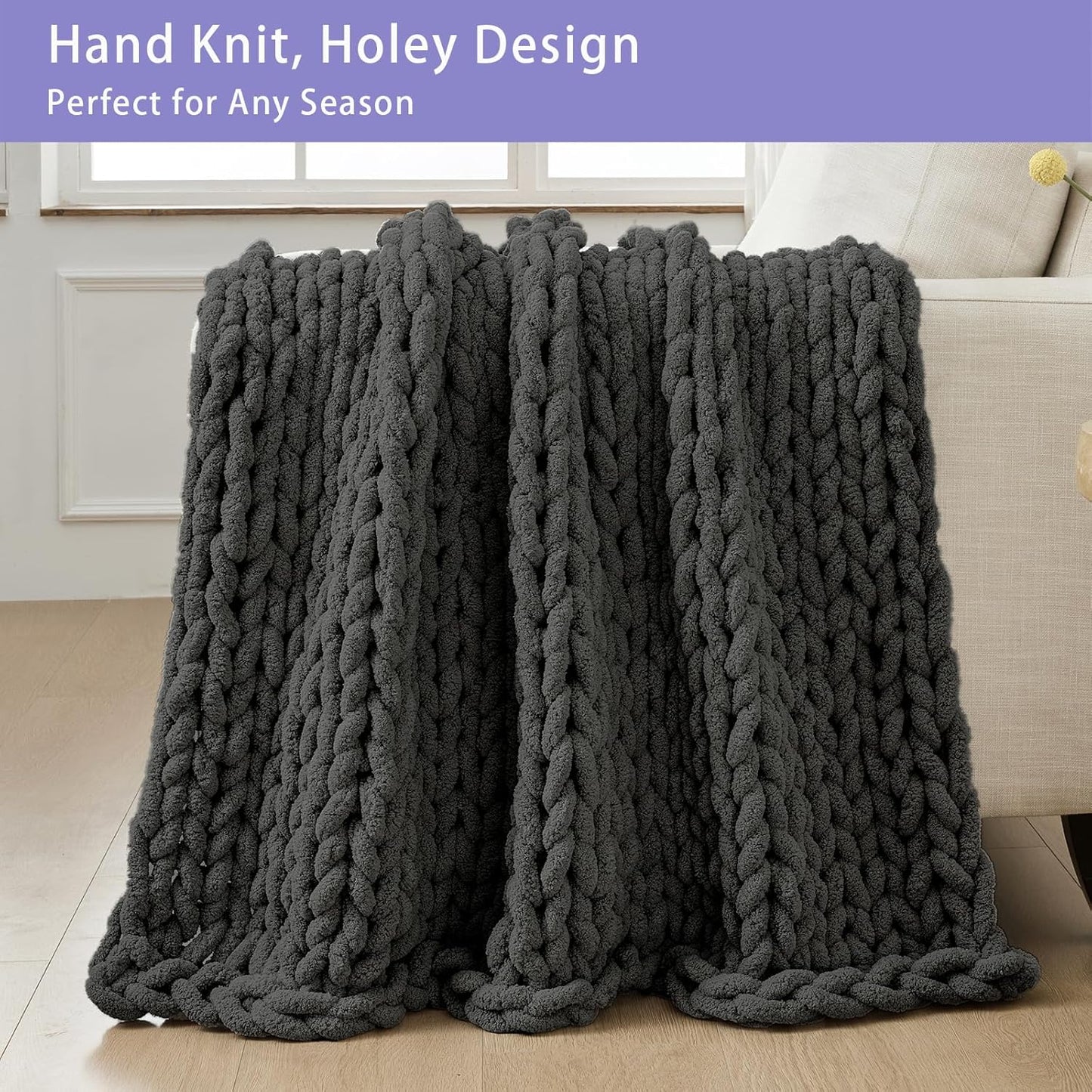 Bigacogo Chunky Knit Throw Blanket for Couch, 60x80 inches, 100% Hand Knitted with Thick Jumbo Chenille Yarn, Cozy Soft Large Rope Knot Cable Crochet Blankets for Sofa Bed Living Room, Dark Grey