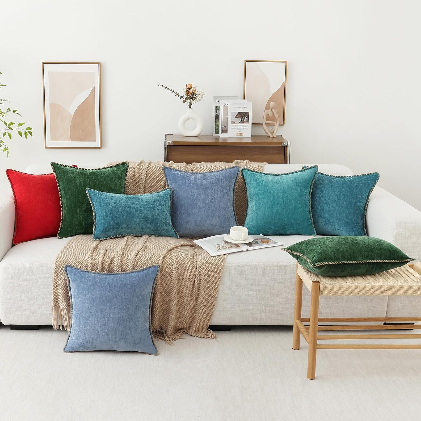 decorUhome Chenille Soft Throw Pillow Covers 26x26 Set of 2, Farmhouse Velvet Neutral Decorative Euro Pillow Covers with Stitched Edge for Couch Sofa Bed Home Decor, Turquoise