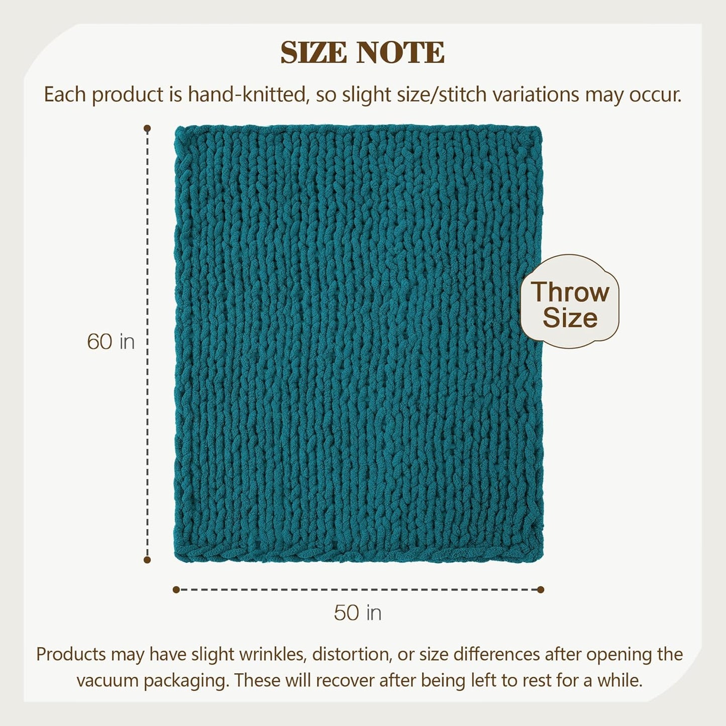 Carriediosa Chunky Knit Throw Blanket 50" X 60", 100% Hand Made Large Chenille Loop Yarn Soft Fluffy Throws for Couch Sofa Bed, Big Crochet Cozy Heavy Thick Cable Woven Blankets, Teal