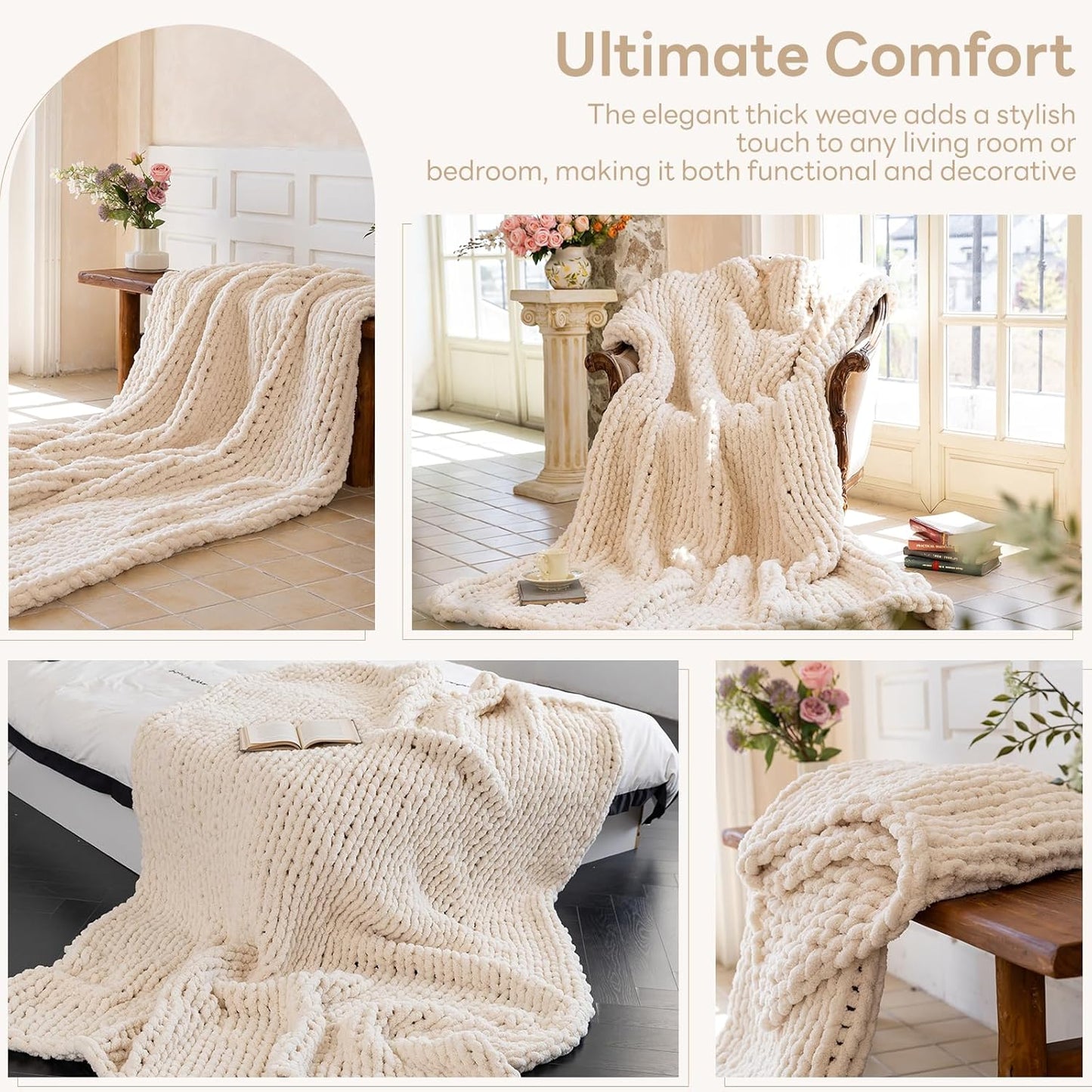 Chunky Knit Blanket - Luxury Soft Cozy 60 * 80 Throw Blanket,100% Woven Blanket Rope Knot Throw Blanket for Couch, Sofa, Home Decor, Gift - Machine Washable（Cream）
