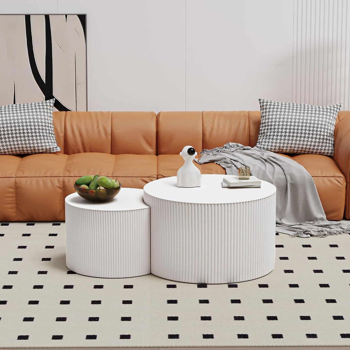 Round Nesting Coffee Table Wood Drum Nesting Tables Modern Stacking Coffee Table Set of 2 Fluted Center Table End Table for Living Room Home Office Small Spaces, No Assembling (White Large)