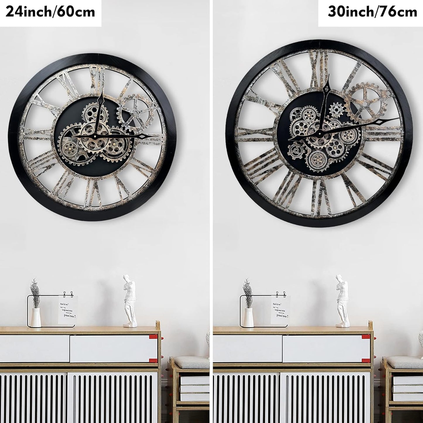 The B-Style Large Real Moving Gears Wall Clock 30 inch Rustic Retro Industrial Farmhouse Wood Clock Oversized Decorative Vintage Wall Clocks for Living Room (Black)