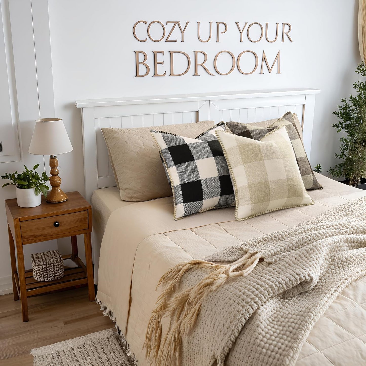 decorUhome Buffalo Plaid Check Throw Pillow Covers 22x22 Set of 2, Outdoor Decorative Farmhouse Neutral Pillow Covers with Stitched Edge for Bed Couch Sofa, Black and White