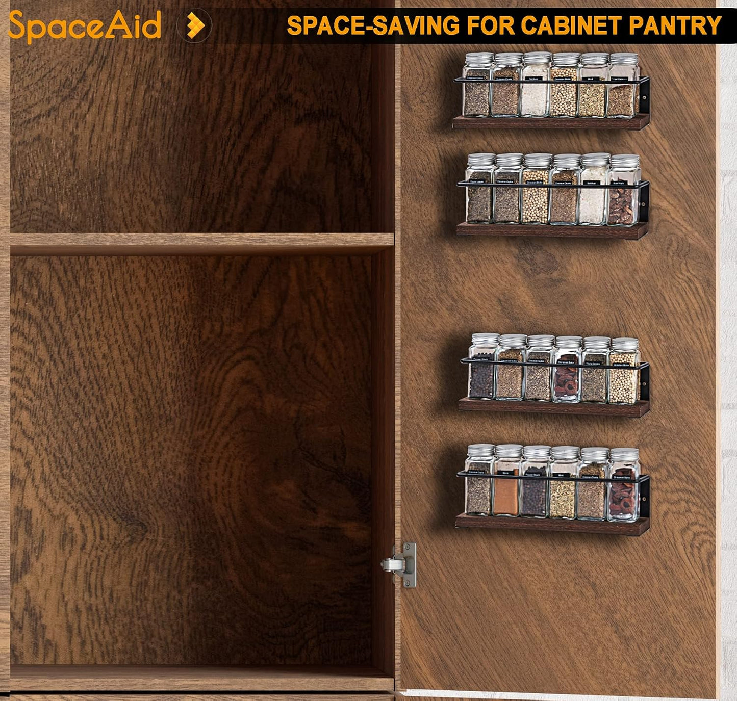 SpaceAid Spice Rack Organizer for Cabinet Door or Wall Mount (4 Pack) with 415 Spice Labels - Wood Hanging Seasoning Shelf for Cupboard Pantry or over the Stove