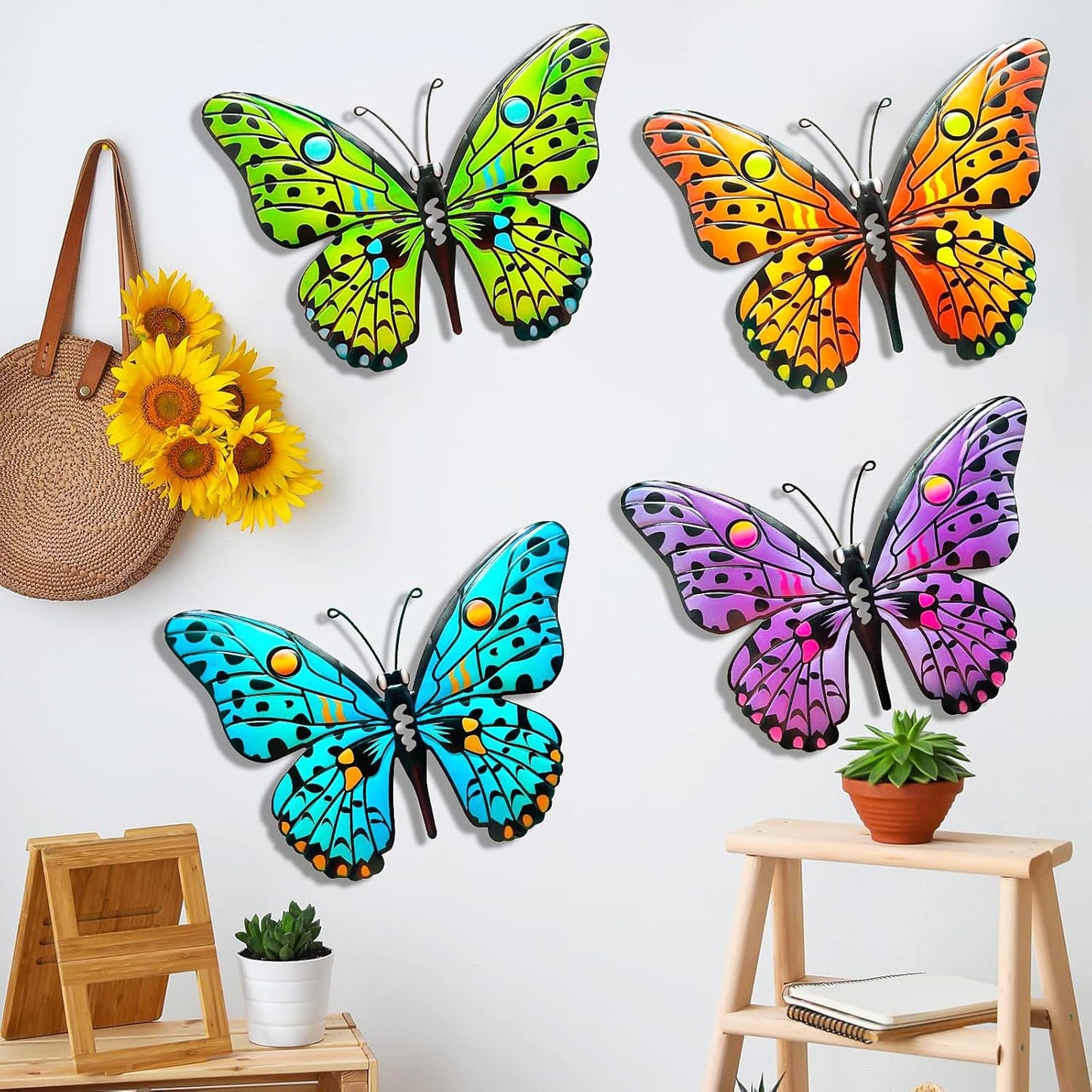 MACLARONX 4 PCS Metal Butterfly 9.6" Butterflies Outdoor Fence Yard Art Wall Decor Hanging Decorations for Garden Living Room Bedroom Patio Balcony Gift for Family Friends Housewarming