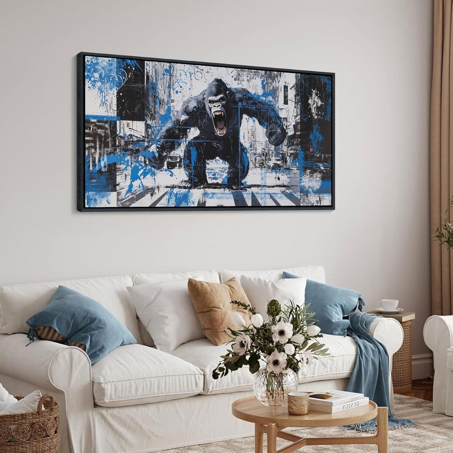 JEAWA Bathroom Framed Wall Art, Angry Gorilla Abstract City Street Graffiti Cool Pop Canvas Paintings Black and White Modern Picture for Living Room Bedroom Men Teenage Boy Game Room Decor 20x40 IN