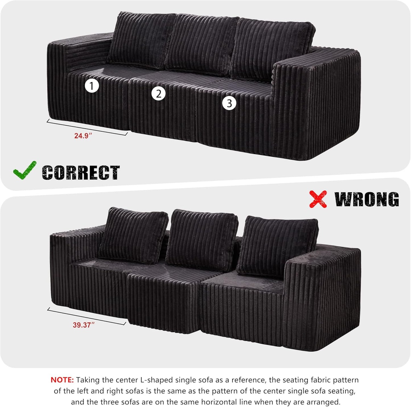 Hobestluk Modular Sectional Sofa Memory Foam Couch Oversized Sectional Sofa 3-Seater with Chaises Cloud Couch with Removable Cover U Shaped Sofa for Living Room (Strip Grey, U Shape)