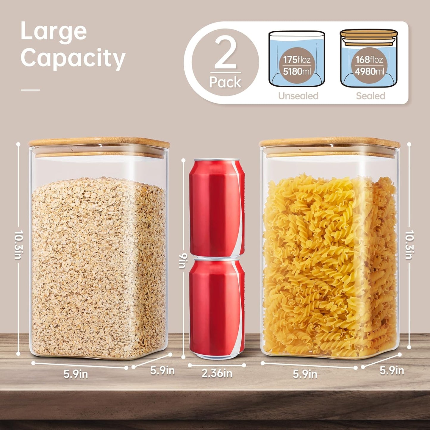 Extra Large Square Glass Flour & Sugar Storage Containers with Airtight Lids, 168 floz - 2 Pack Glass Jars with Bamboo Lids for Pantry, Air tight Food Storage Containers for Cereal, Pasta, Rice