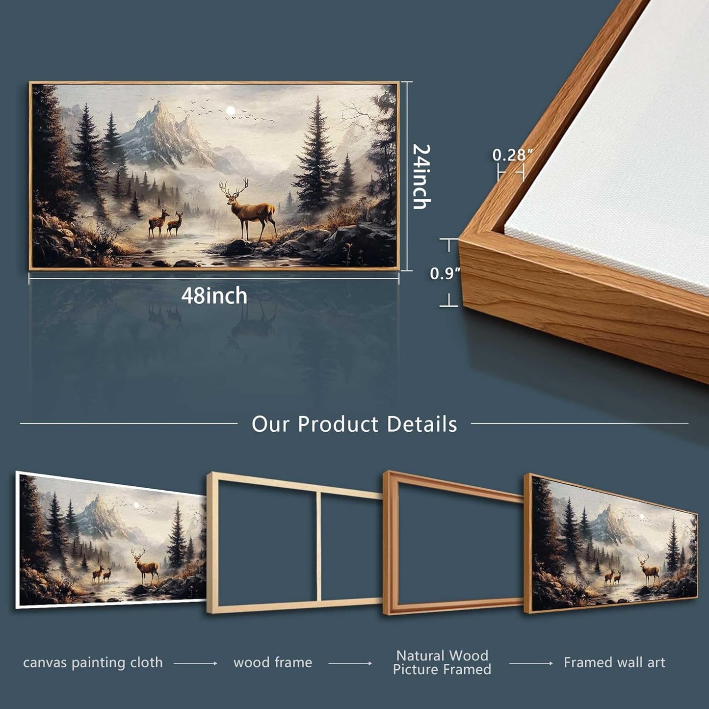 KELIYUAN Large Canvas Wall Decor For Living Room Wall Art For Bedroom Office Murals Landscape Painting Of Elk Mountain Wall Pictures Restaurant Room Modern Home Decoration Wood Framed 24"X48"