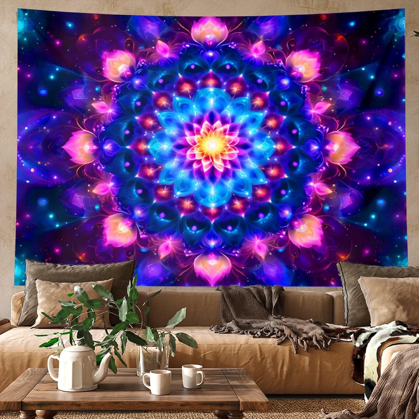 PSYHILAR Blacklight Mandala Tapestry for Bedroom, Psychedelic Black Light Posters for Adults and Teens, Colorful UV Reactive Aesthetic Bohemian Art Wall Hanging Decor (60 x 50 Inches)