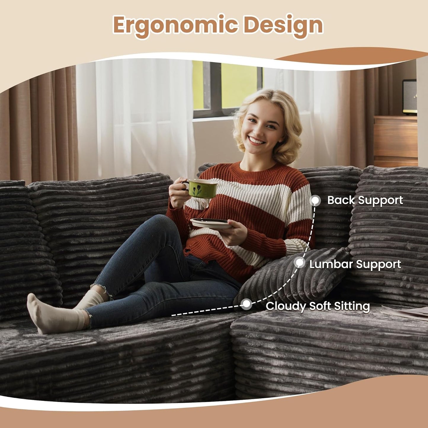 HOOOWOOO Cloud Sectional Couches for Living Room,Modular Sectional Sofa No Assembly,133X70 Inch Plush Corduroy Large U Shaped Floor Couch Set with Deep Seat Chaise Lounge(Gray)