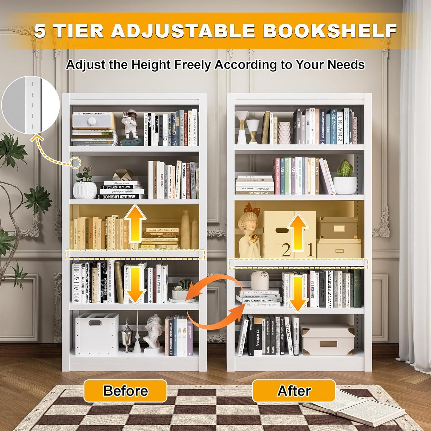 61" H Metal Bookshelf, 5 Tier Adjustable Bookshelf, White Small Bookcase, Bedroom Bookshelves and Bookcases, Modern Book Shelf for Living Room, Office, Easy Tool-Free Assembly