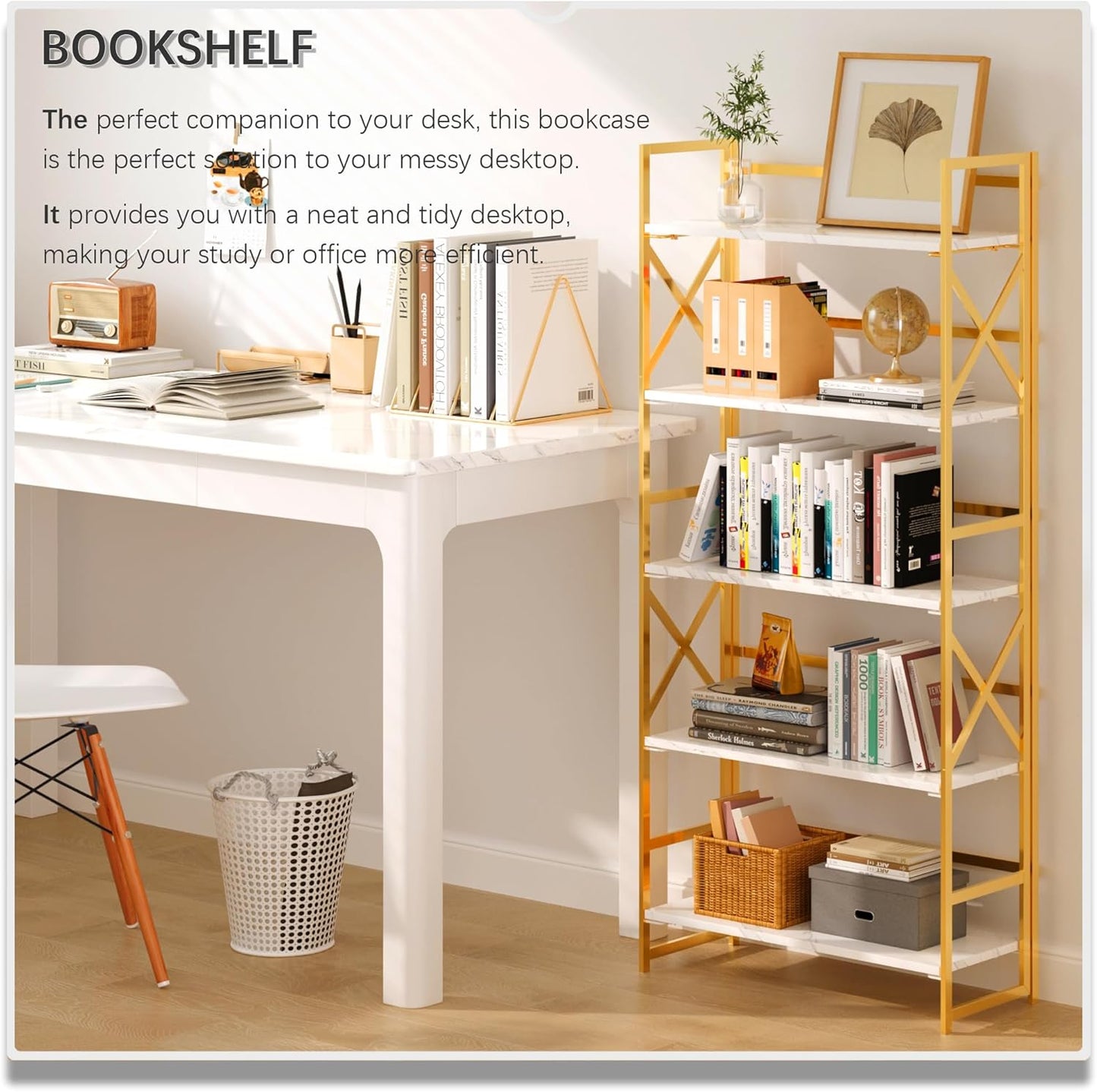 4NM 5 Tiers No Assembly Book Shelves, 51.2" H Folding Bookshelf Bookcase Open Industrial Foldable Shelves for Bedroom, Living Room, Home Office - White Gold