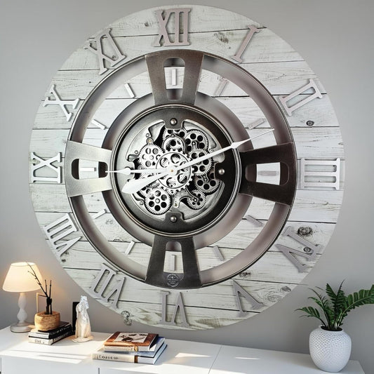 The Gears Clock Real Moving Gear Wall Clock England Line (White Farmhouse, 24 inches (60 cm))