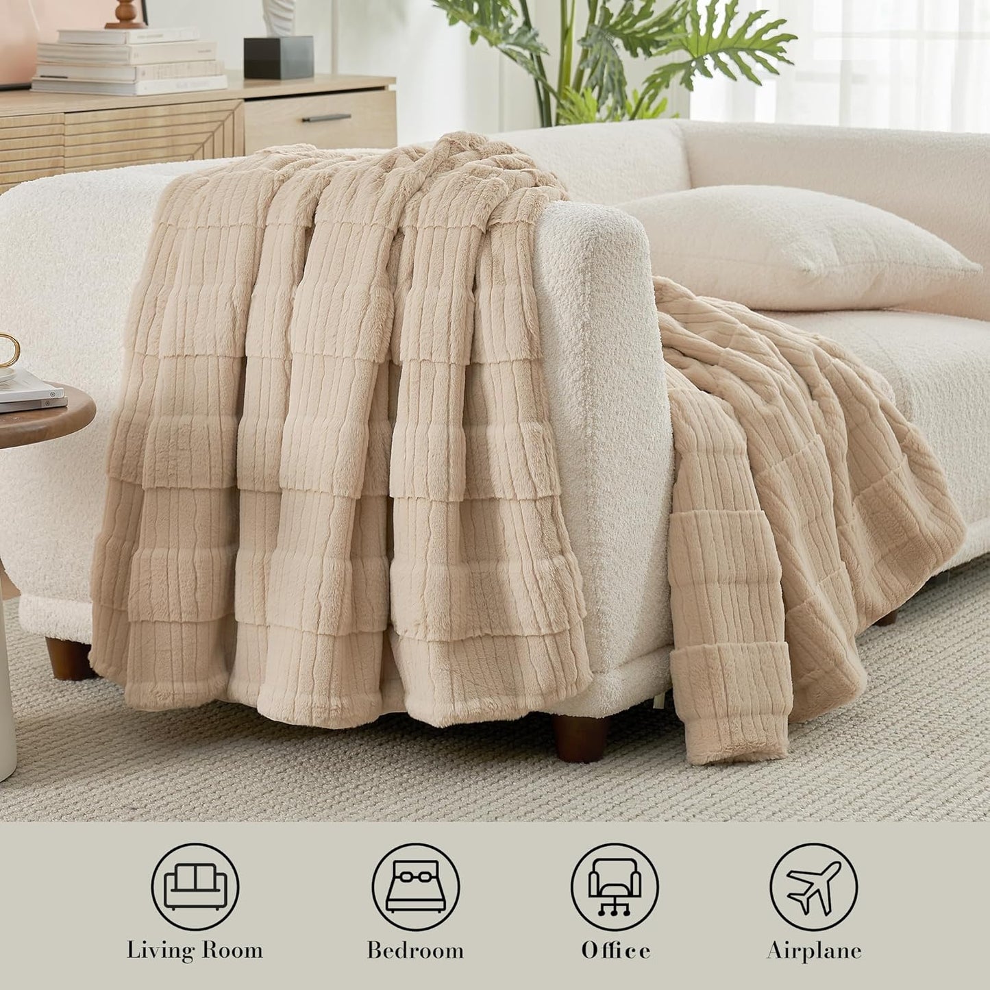 Amélie Home Luxury Striped Faux Fur Throw Blanket for Couch, Embossed Split Fur Cozy Fuzzy Fluffy Luxurious Soft Plush Sofa Chair Bed Gift Blankets for Women Men Wife Friend, 55"x70", Beige
