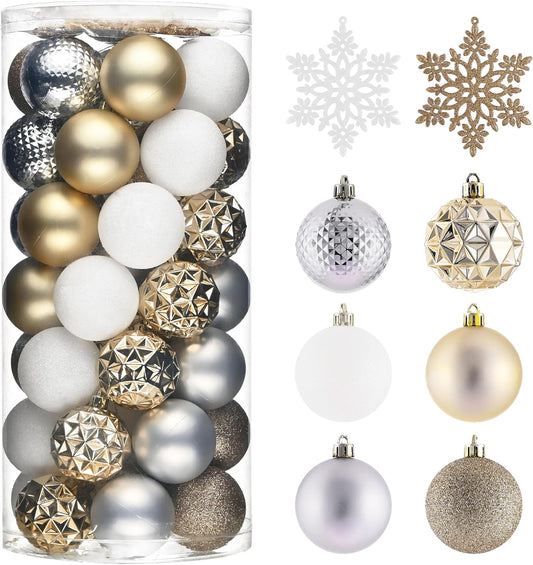 Valery Madelyn Christmas Tree Decorations Ornament Set for Fall Halloween, 50ct 2 Inches White and Gold Shatterproof Christmas Ball Ornaments Hanging Xmas Holiday Party Decor