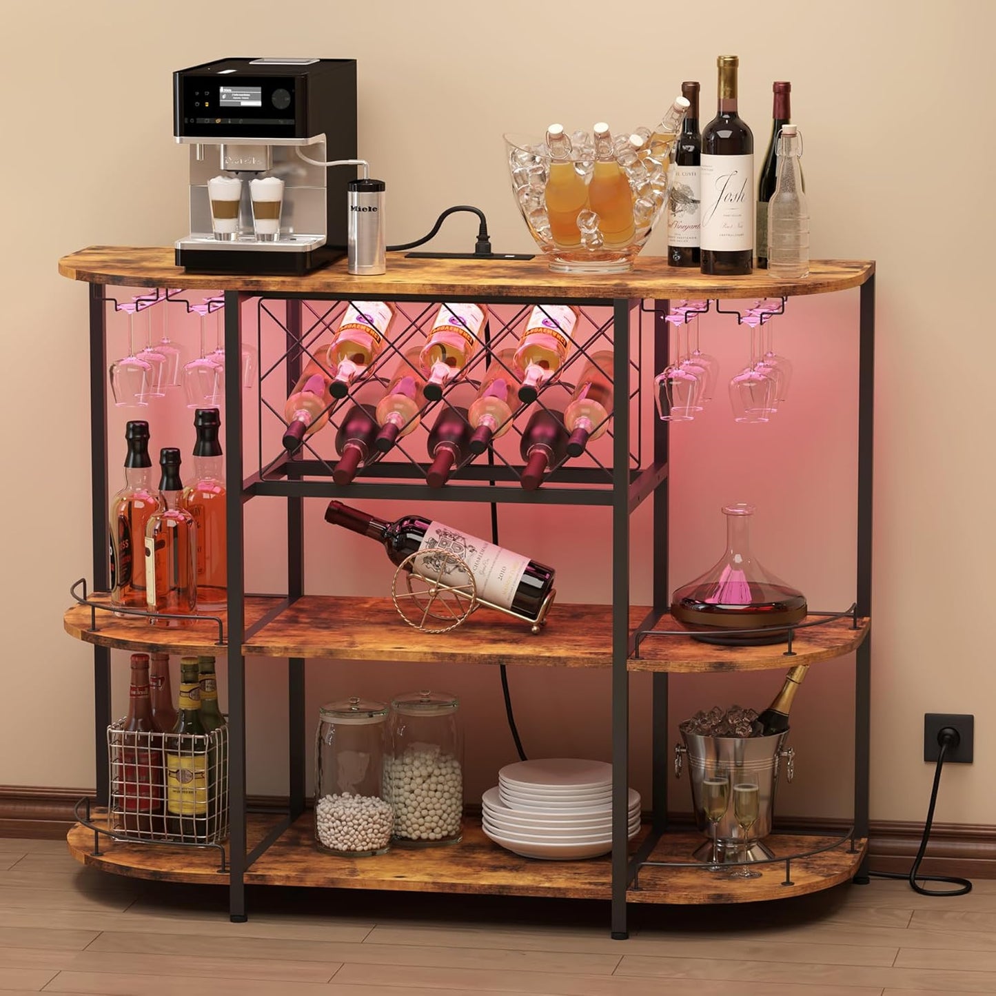 Wine Cabinet Bar Cart Table with Power Socket and LED Light, Three Tiers Coffee Bar Table Wine Rack Liqour Bar with Large Storage for Home Kitchen (Retro Brown)