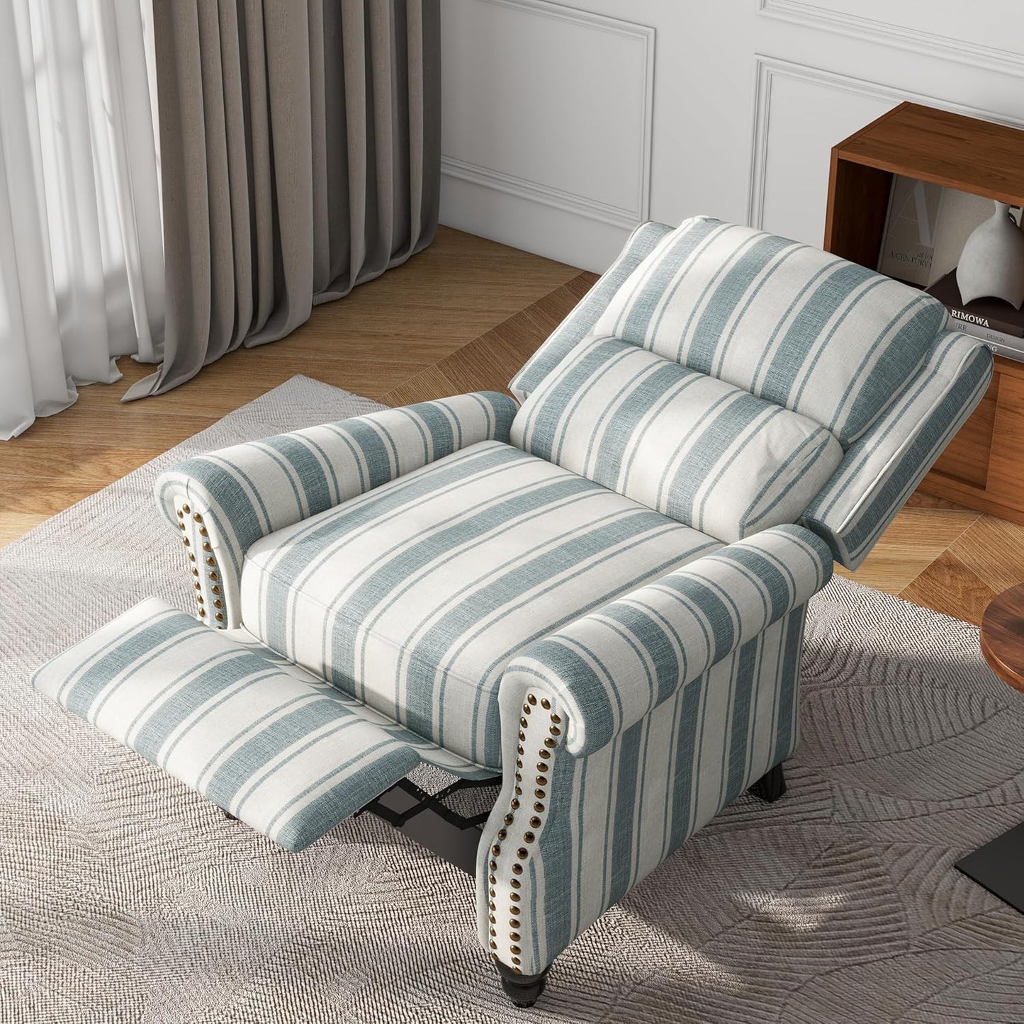 UIXE Pushback Recliner Chair, Fabric Armchair Push Back Accent Chair for Living Room, Rivet Trim Club Arm Chair Overstuffed Home Theater Single Sofa Bedroom Reading Seat with Footrest - Stripe Blue
