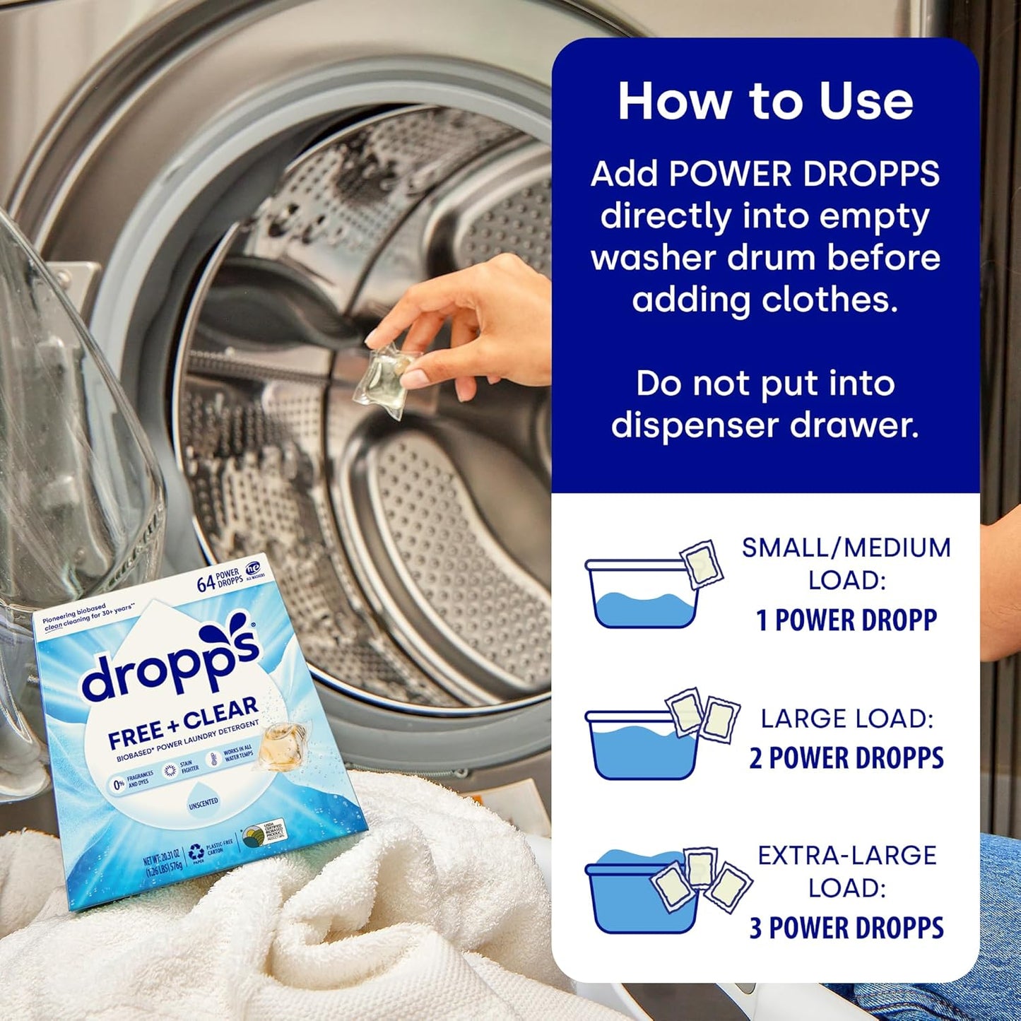 Dropps Free + Clear Biobased Power Laundry Detergent Pods, Unscented (64 Count) - HE Compatible Laundry Pods for Fresh Clothes - Laundry Soap Supplies & Recyclable Paperboard Packaging