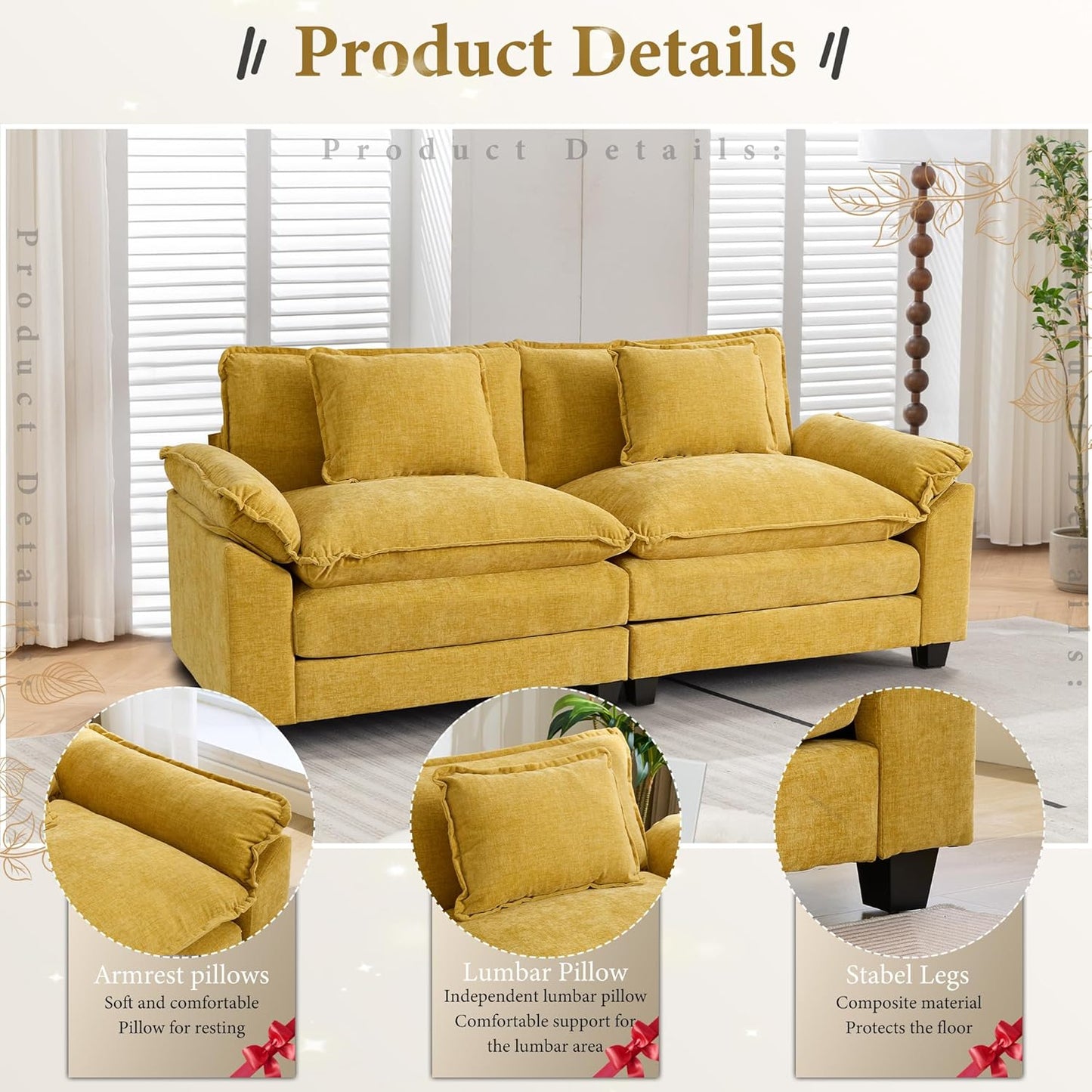 URRED Modular Sectional Sofa Comfy Cloud Couch, Modern Chenille Loveseat Sofa Sleeper Deep Seat Couches with Pillows for Living Room (Yellow, 82.6'')