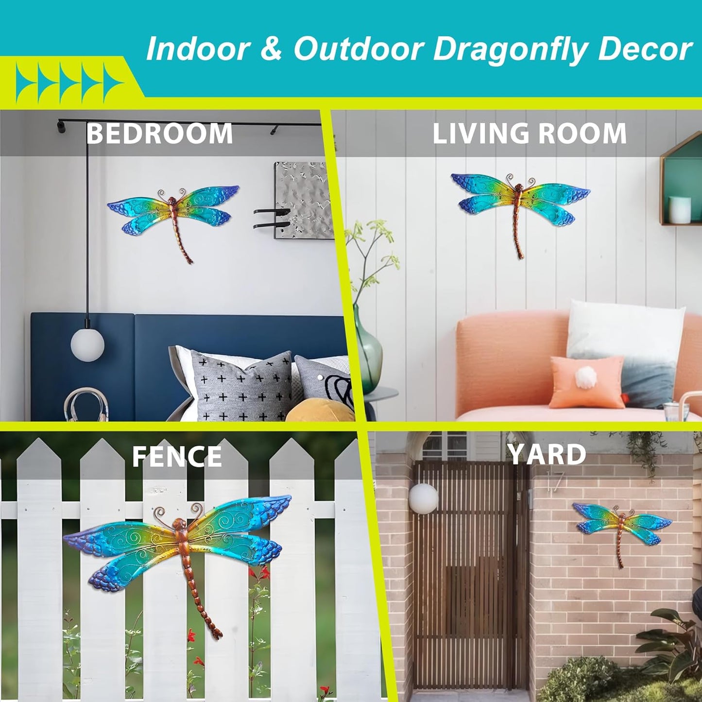 POXOHO Handmade Metal and Glass Dragonfly Wall Decor - Outdoor Garden Fence Art - 15 * 8.6 inches Rustic Scenic Wall Art for Patio, Bedroom, Bathroom Vivid Hanging Decoration