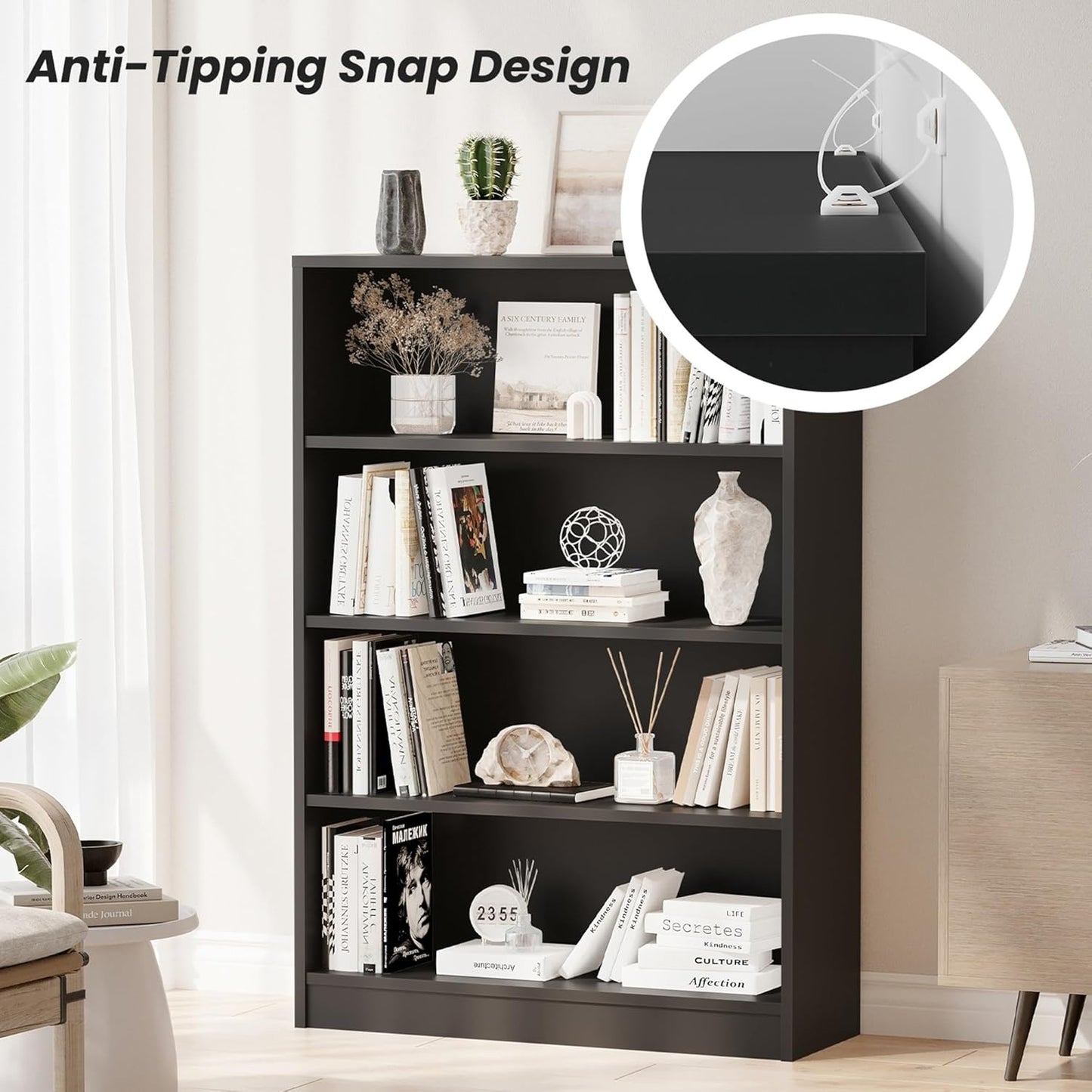 Bookshelf, Open Modern Bookshelf, 4 Shelf Bookcase with Freestanding Display Storage, Wooden Book Shelf for Bedroom, Living Room, Dinning Room, Office, 48 Inch, Gray