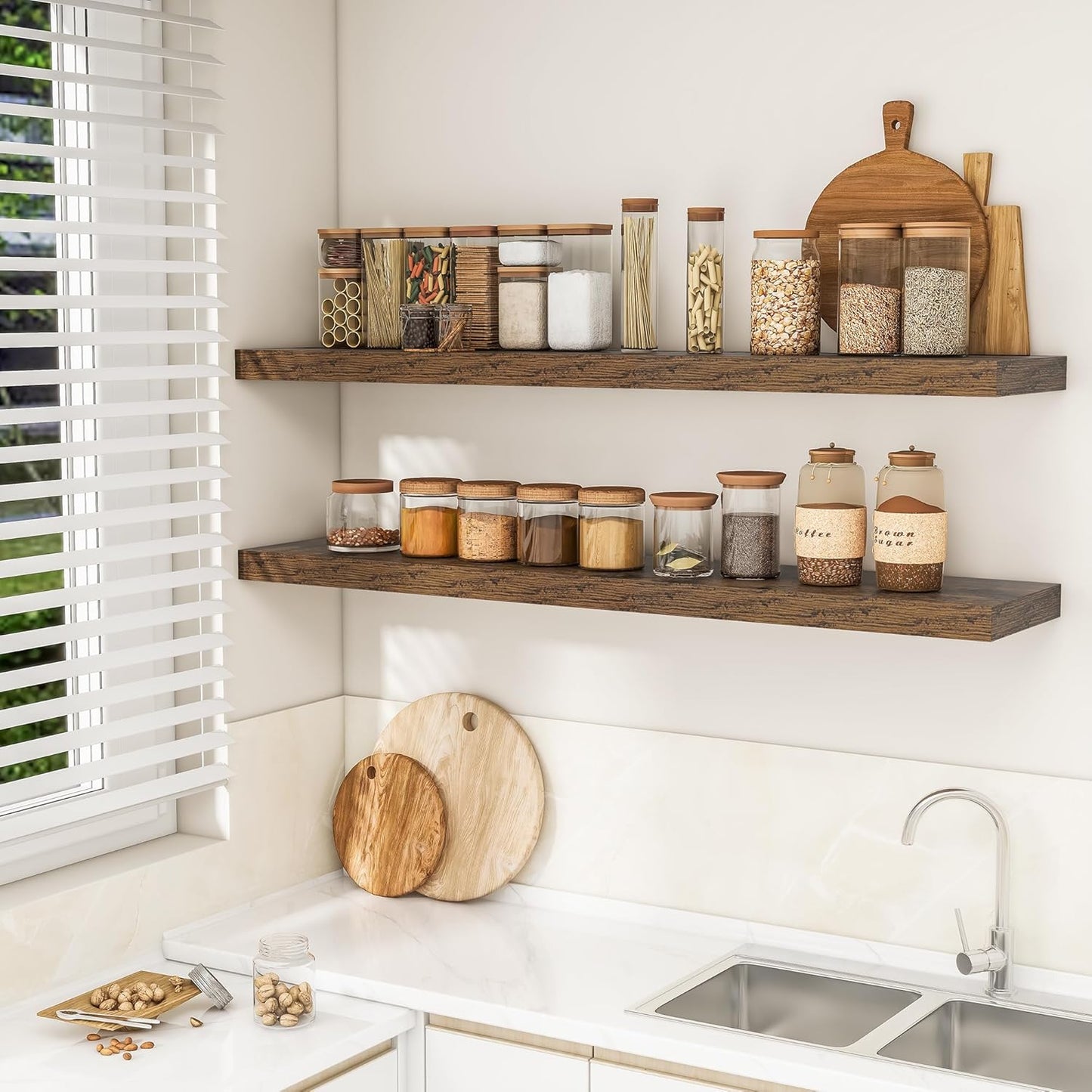 RICHFOCUS 55Inch Floating Shelves for Wall 2 Pack Shelves for Bedroom|Kitchen|Bathroom Wall Mounted Rustic Wood Floating Shelf with Invisible Brackets for Books|Storage|Decor, Rustic Brown