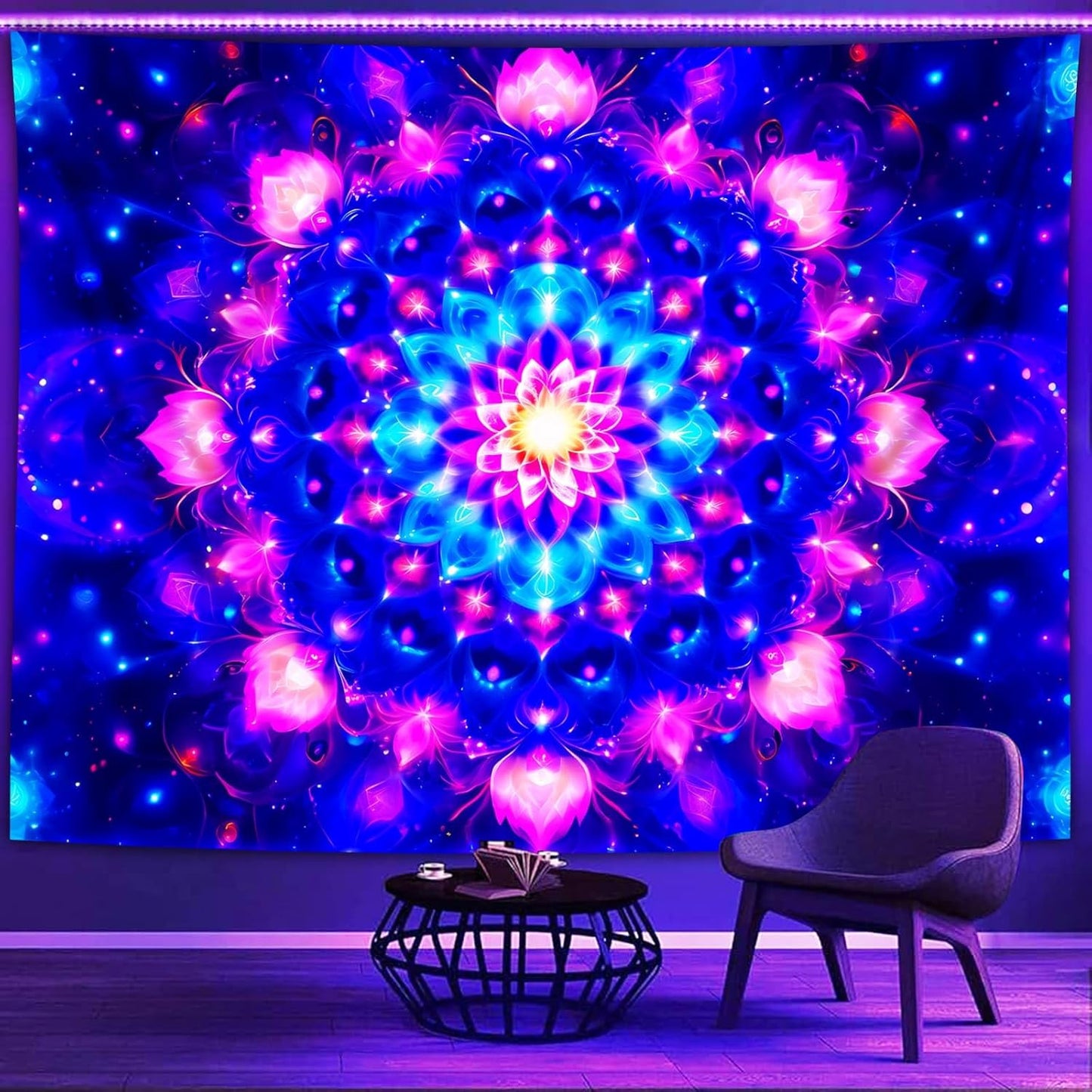 PSYHILAR Blacklight Mandala Tapestry for Bedroom, Psychedelic Black Light Posters for Adults and Teens, Colorful UV Reactive Aesthetic Bohemian Art Wall Hanging Decor (40 x 30 Inches)