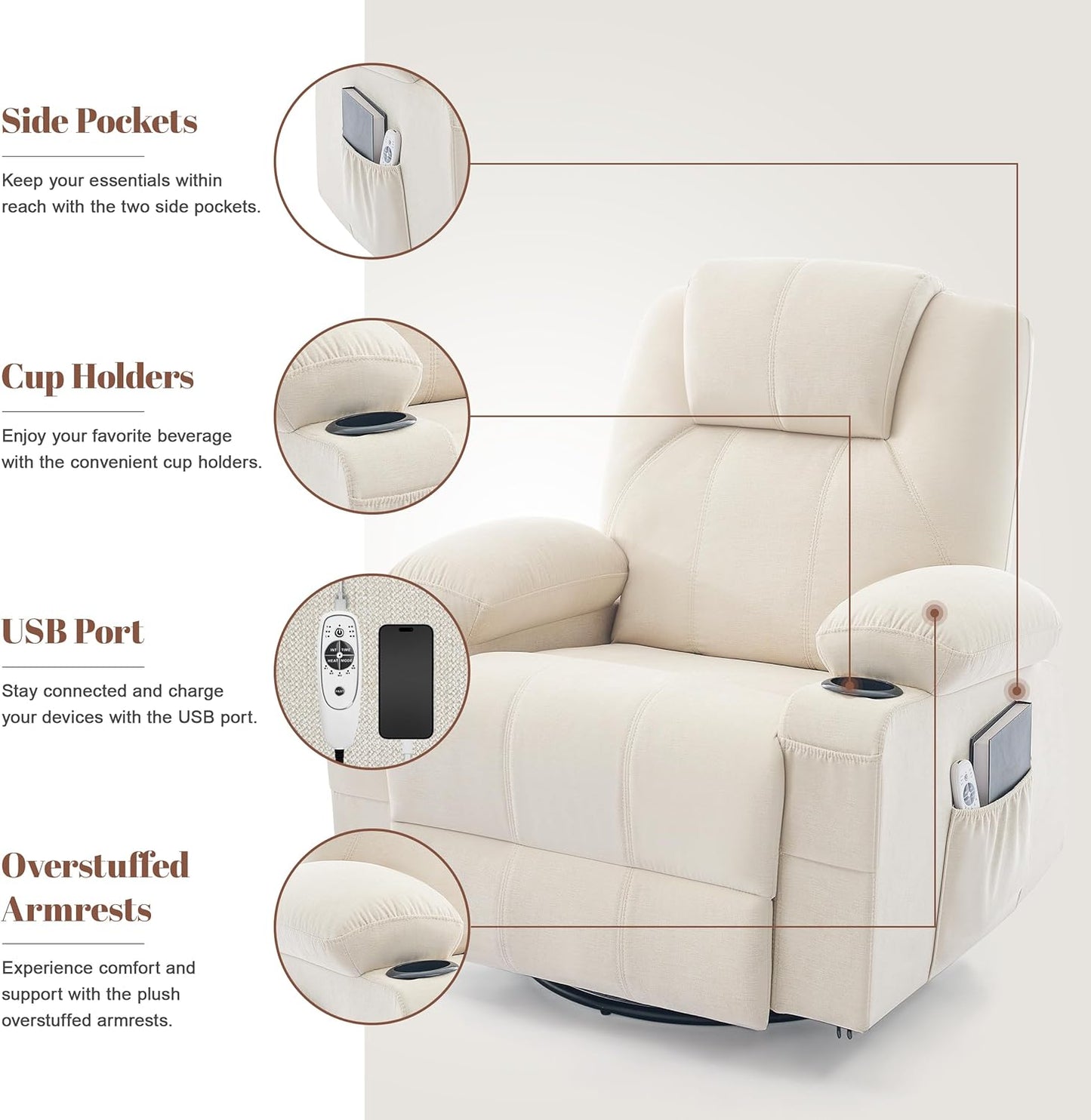 Oversized Swivel Rocker Recliner Chair with Heat and Massage, 360 Degree Swivel Rocking Single Sofa with Cup Holders and USB Port, Big Large Recliner Chair for Living Room (Fabric, Beige)