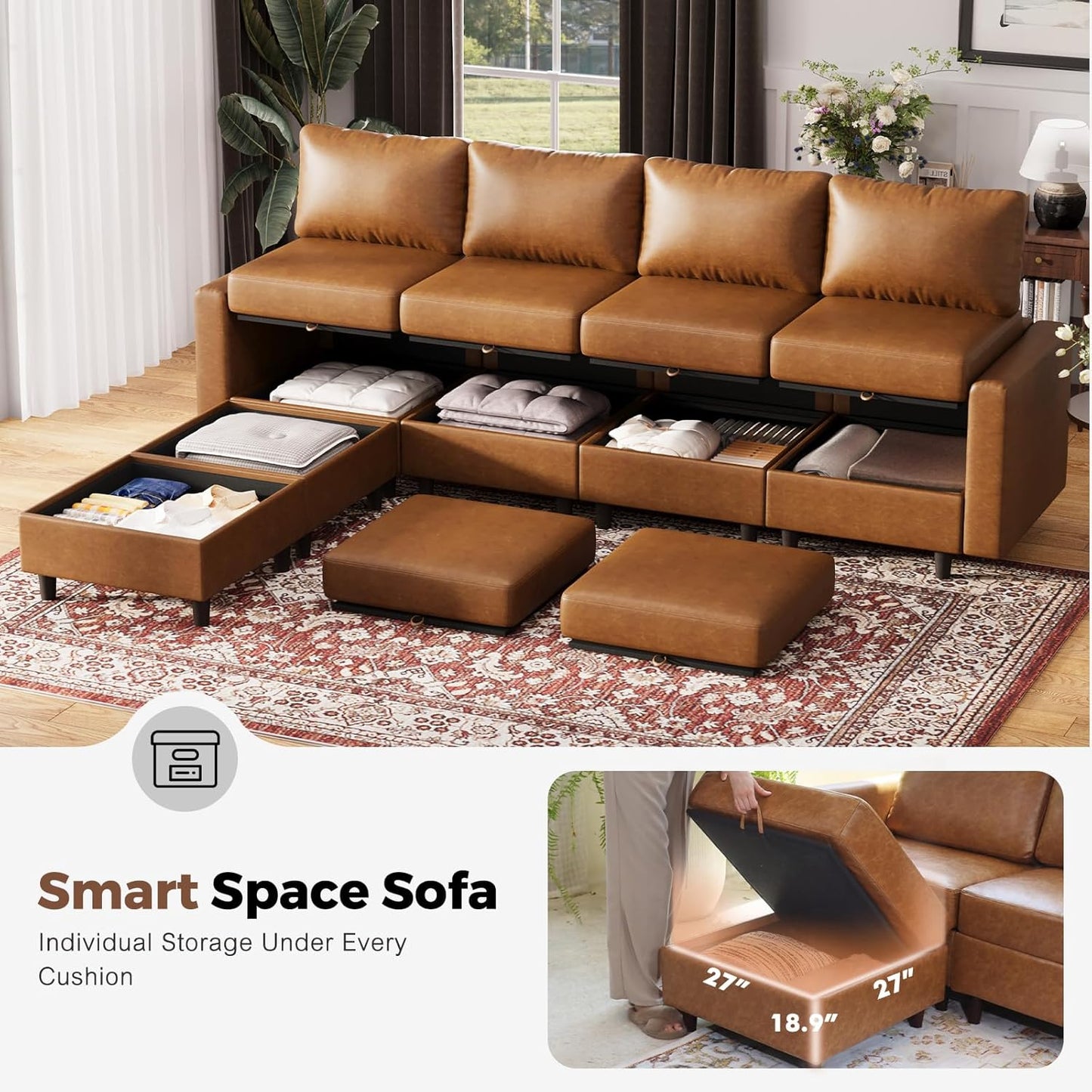118.5" Faux Leather Modular Sectional Sofa, 7 Seater U Shaped Couch with Storage Seat with Reversible Chaise Deep Seat for Living Room Brown