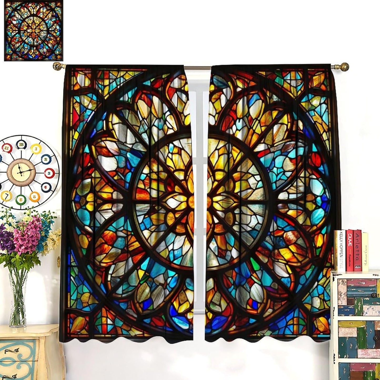 Stained Glass Curtains,Retro Mid Century Abstract Colorful Geometric Prints Home Decor Drapes for Bedroom Living Room Kitchen Window Treatment 2 Panels Set Total Size 63" W X 63" L Inch