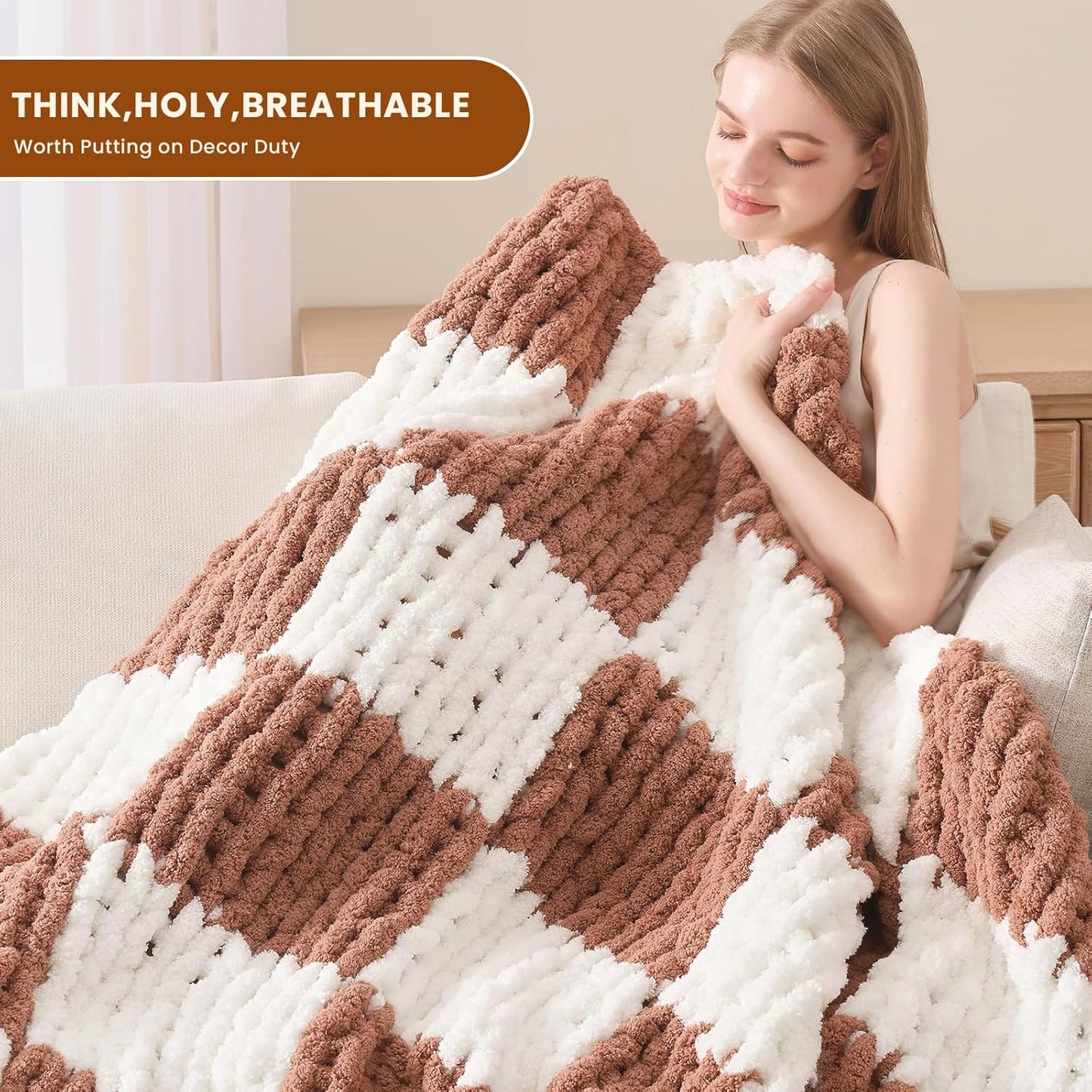 L'AGRATY Chunky Knit Blanket Throw: 60''x80'' Chenille Chunky Knitted Throw Blankets for Twin Bed Couch - Handmade Thick Cable Knit Blanket - Large Crochet Blankets for Home Decor(Brown Checkered)