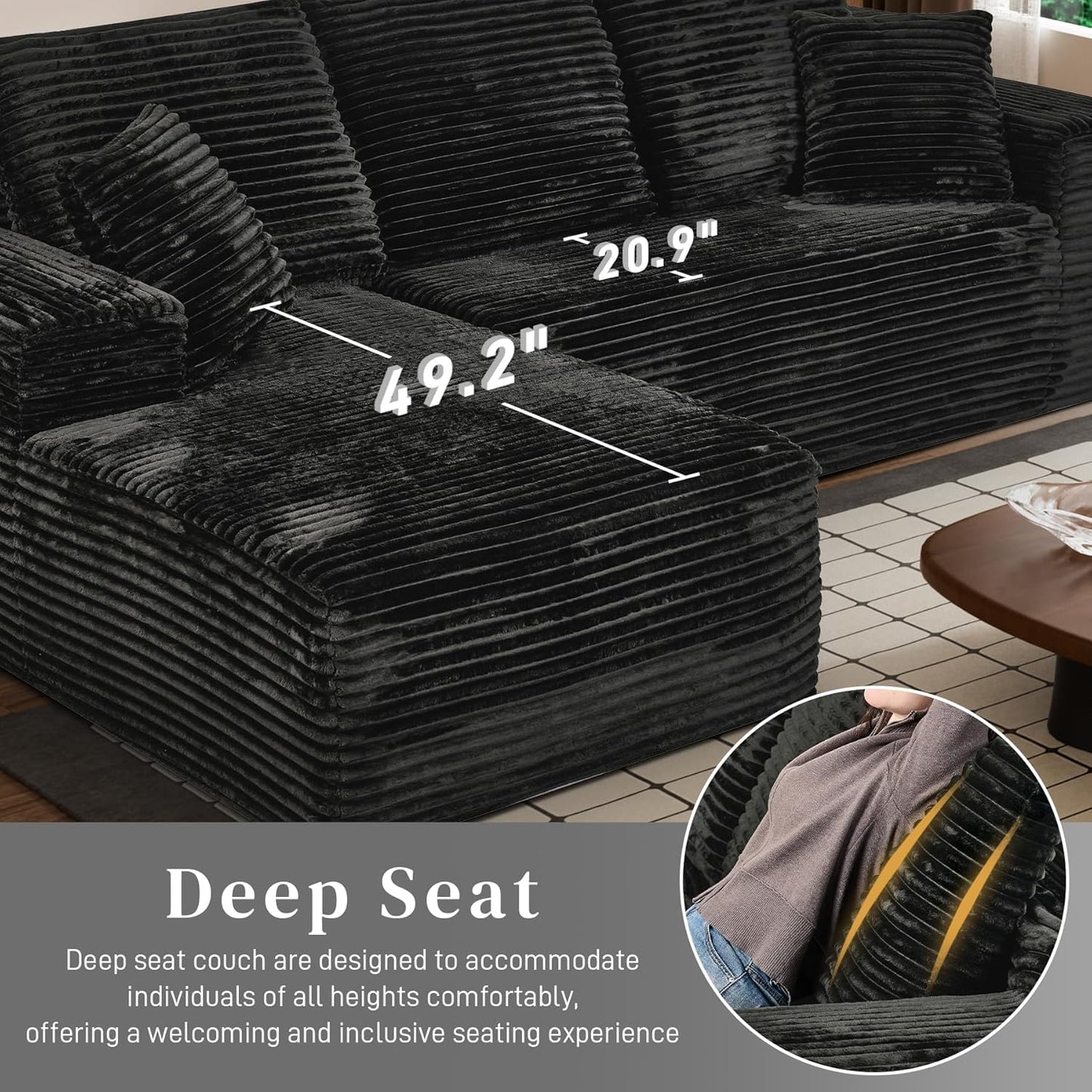 Modular Sectional Sofa Cloud Sectional Couch, 107" Comfy Fluffy L Shaped Black Couches for Living Room, Deep Seat Memory Foam Plush Corduroy Boneless Couch Sectionals with Left Facing Chaise Sofa