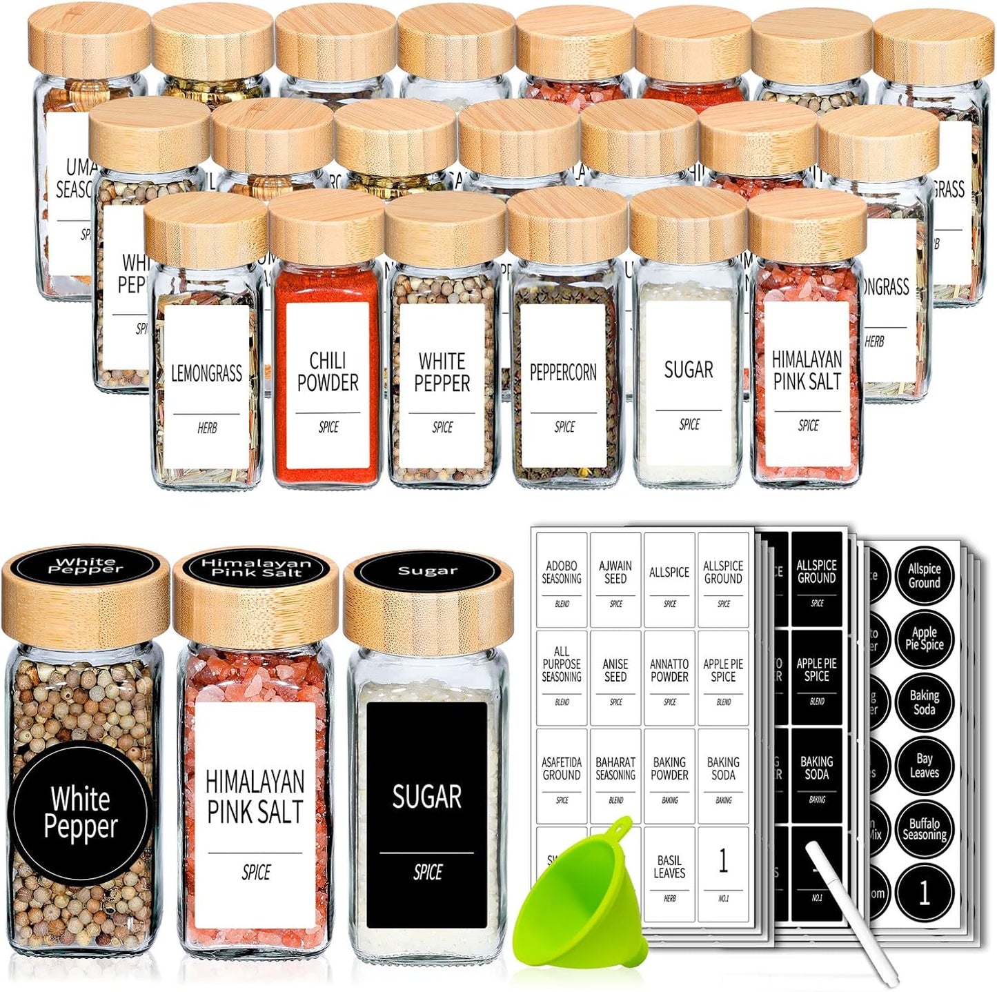 Churboro 36 Spice Jars with Labels- Spice Jars with Bamboo Lids - 4 Oz Glass Spice Containers with Shaker Lids, 547 Spice Labels of 3 Different Types Seasoning Jars for Spice Rack, Cabinet, or Drawer