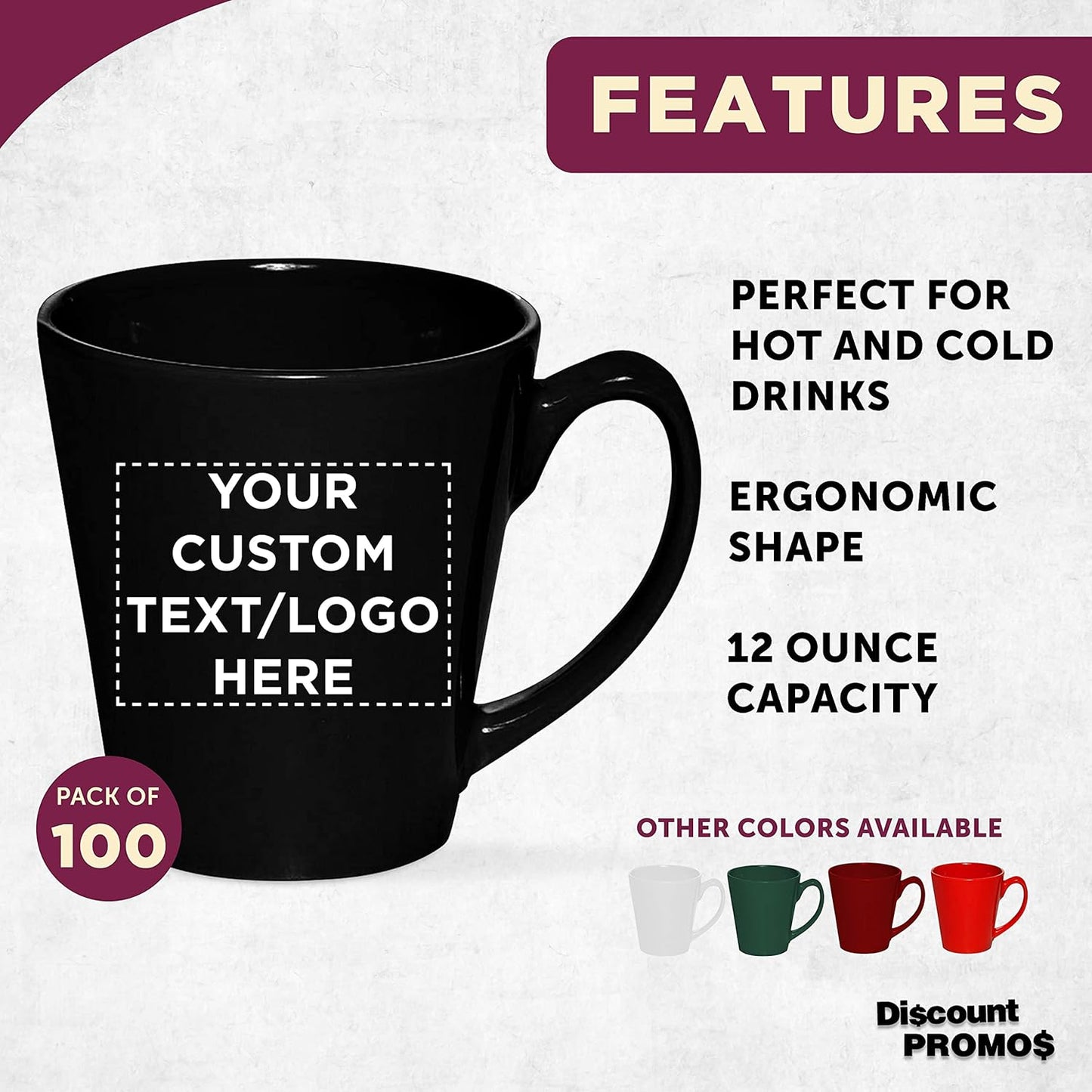 DISCOUNT PROMOS Custom Glossy Ceramic Latte Coffee Mug 12 oz. Set of 100, Personalized Bulk Pack - Perfect for Tea, Espresso, Cappuccino, Hot Cocoa - Black