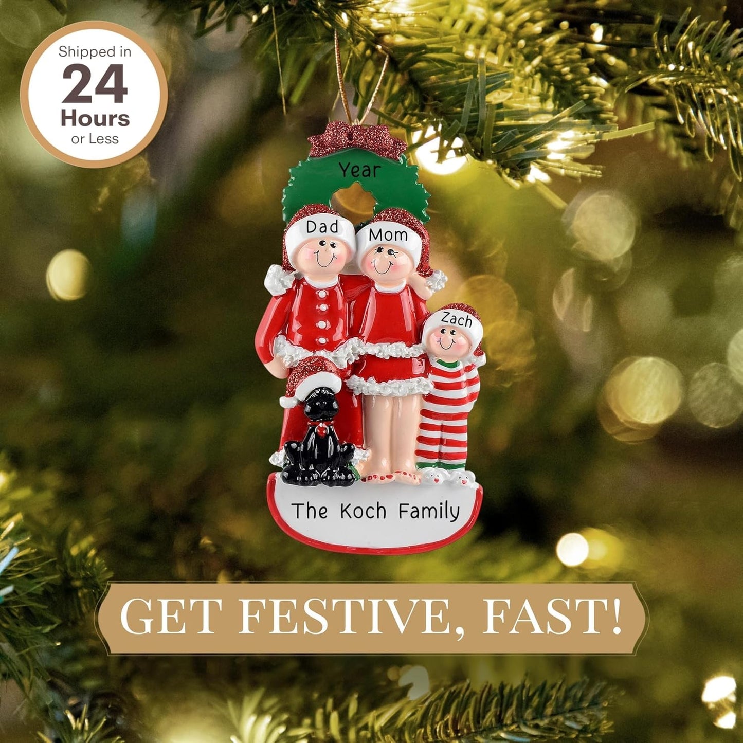 Personalized Family of 3 with Dog Ornament 2025 | Free 24h Customization | Christmas Ornaments for Tree | Custom Gift Wrapped Black Pet Keepsake for Dog-Lovers