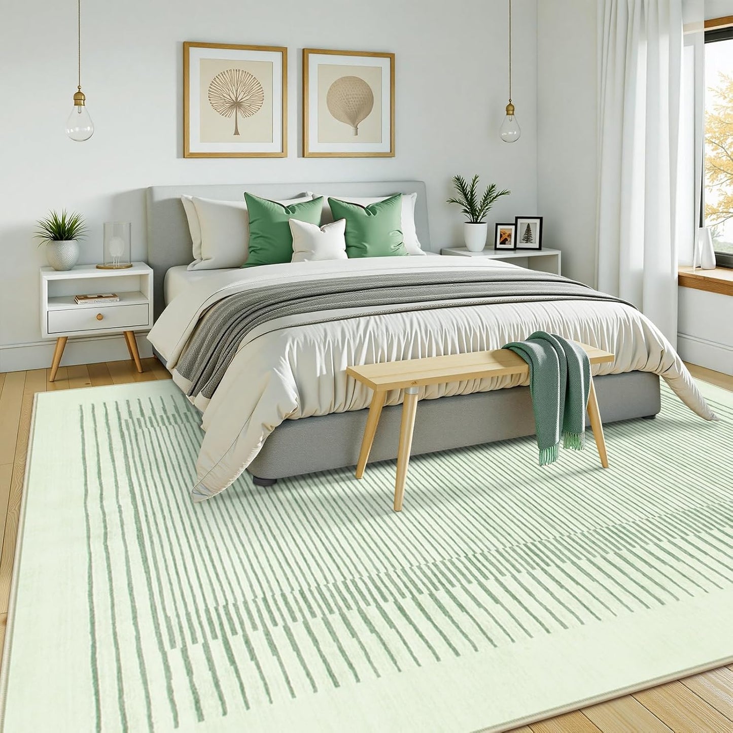 Wonnitar Striped Sage Green 9x12 Rugs for Living Room, Non-Slip Soft Sage Green Bedroom Rug, Low Pile Minimalist Floor Carpet for Nursery Playroom Department (Green,9' x 12')