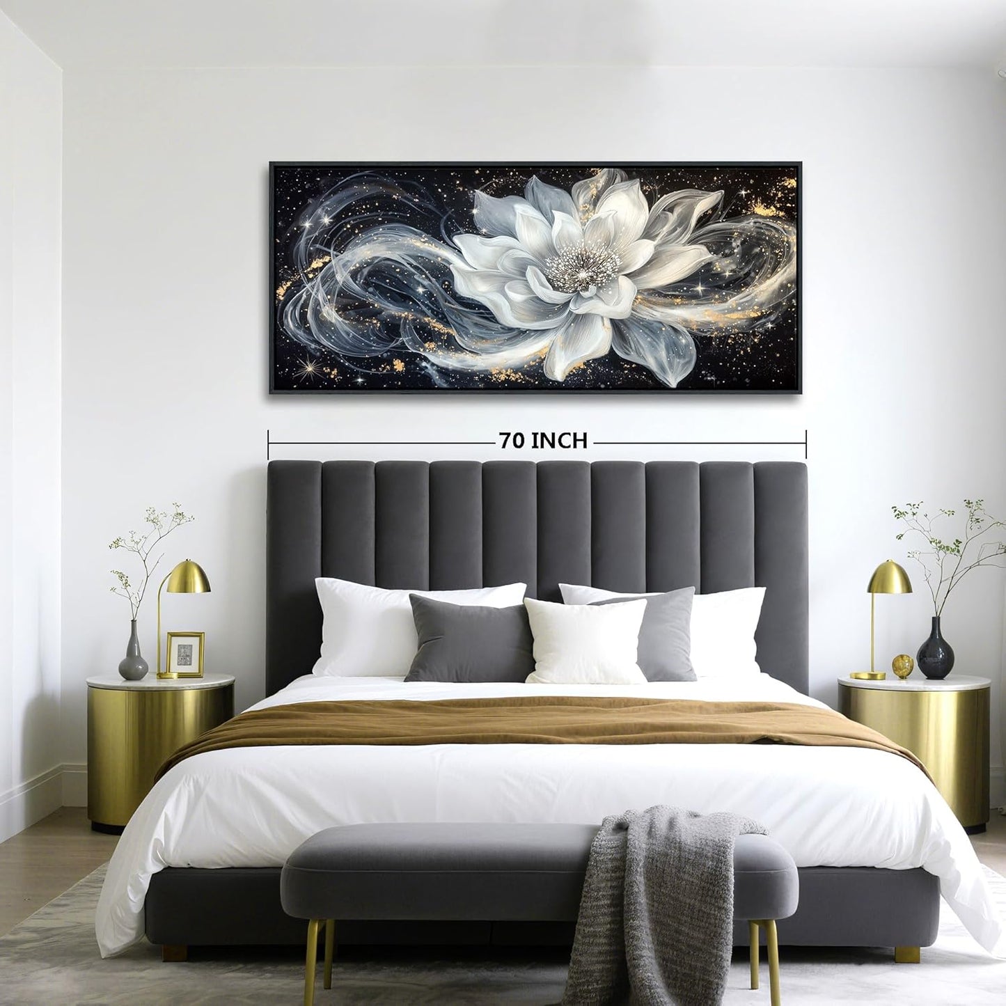 QZQCBLC Extra Large Wall Art, Black and White Lotus Modern Abstract Flower Pictures Gold Silver Canvas Framed Painting Artwork for Living room Bedroom kitchen Hallway Home Office Decor 32x71 IN