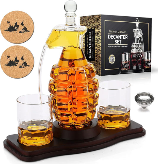 Whiskey Decanter Set Grenade Shaped Liquor Decanter Set with 2 Glasses - Scotch Bourbon Drinking Gift for Men&Women Dad Husband Boyfriend Brother Anniversary Birthday Christmas House Warming Present
