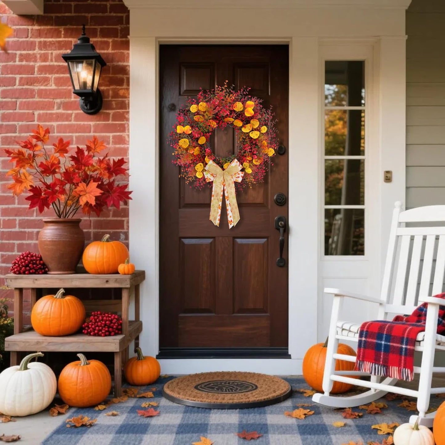 CYANBLOOM Fall Front Door Wreath: 24 Inch Large Burgundy Boxwood Eucalyptus Wreaths with Maple Bow for Rustic Farmhouse Decor - Weatherproof Outdoor Indoor All Season - Thanksgiving Halloween Decor
