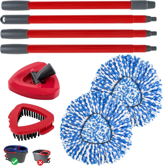 Spin Mop Head,Mop Handle,Base,Brush Compatible with Ocedar RinseClean 2 Tank Spin Mop System,2 Microfiber Spin Mops Replacement Head,4 Section Iron Mop Handle 30-58",Base and Scrub Brush Combo Set