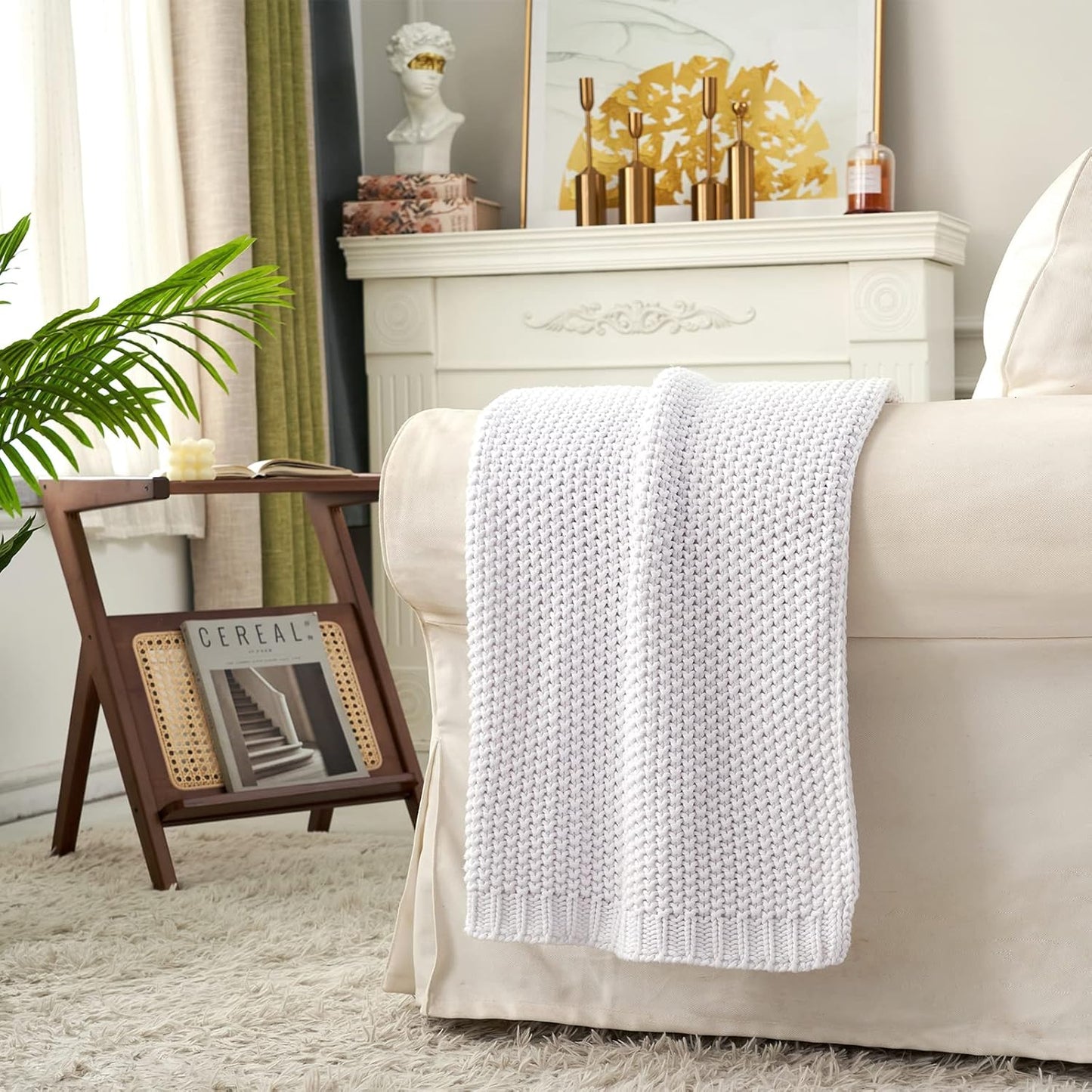 Chunky Cable Knit Throw Blanket Lightweight White 100% Organic Cotton Blanket for Sofa Couch Bed Baby Nursery, Rustic Shabby Chic Modern Farmhouse, Pure White 51” x 63” Give Laundering Bag