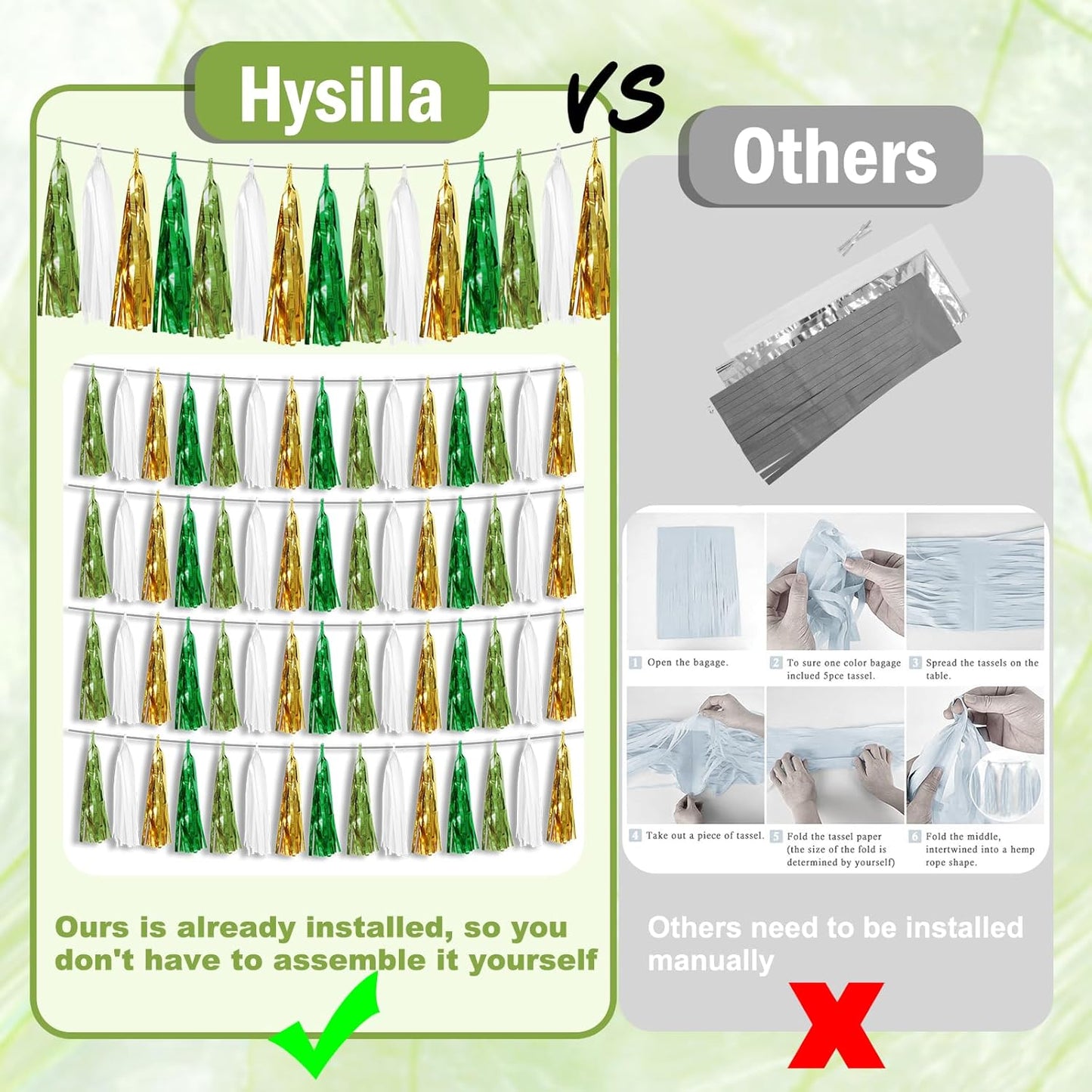 3P Sage-Green Beige-Mint Gold Foil Fringe Metallic Tassel Garland Banner, Tassels Banner Streamers for Parade Floats, Bachelorette, Wedding, Birthday, Christmas, Bridal/Baby Shower Party Decorations