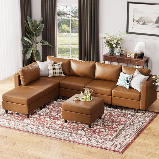 118.5" Faux Leather Modular Sectional Sofa, L Shaped Couch Set for Living Room, 7-Seater Comfy Cloud Couches with Storage Seat Brown
