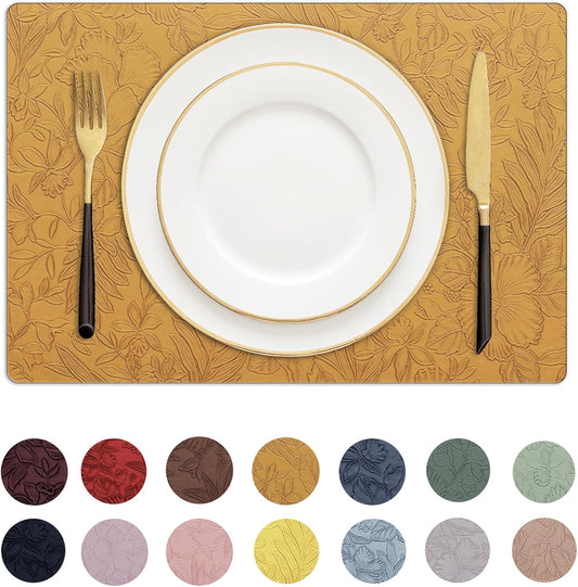 Romanstile Vinyl Placemats Set of 8-12 X 18 Inch - Heat Resistant Non-Slip Embossed Floral Place Mats 100% Waterproof Oilproof Wipeable Faux Leather Table Mats for Kitchen/Dining/Party, Gold