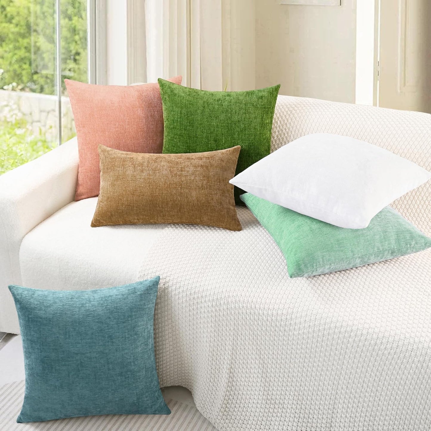 CaliTime Throw Pillow Covers Decorative 16 X 16 Inches Pack of 2 Cozy Chenille Cushion Cases for Couch Sofa Bed Living Room Home Grey Green