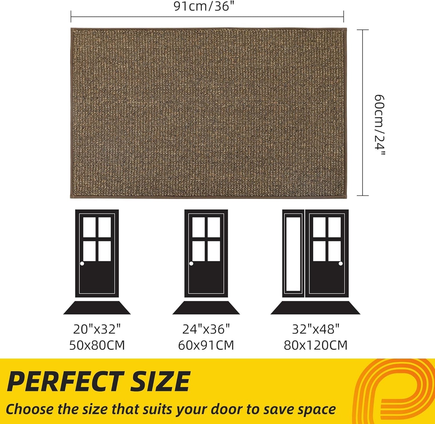 JSEI Dirt Trapper Door Mat 24"x36" Non-Slip Washable Entrance Mat, Dog Doormats, Absorbent & Fade-Resistant Floor Mats, Low Profile Welcome Mats for Entryway, Front Door, and Inside Entrance, Brown